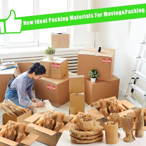 Honeycomb Packing Paper, MINHAO 15"x230' Eco Friendly Packing Paper for Moving Recyclable Honeycomb Paper Moving Supplies Bubble Paper Wrapping Protective Roll, With 36 Fragile Sticker Labels