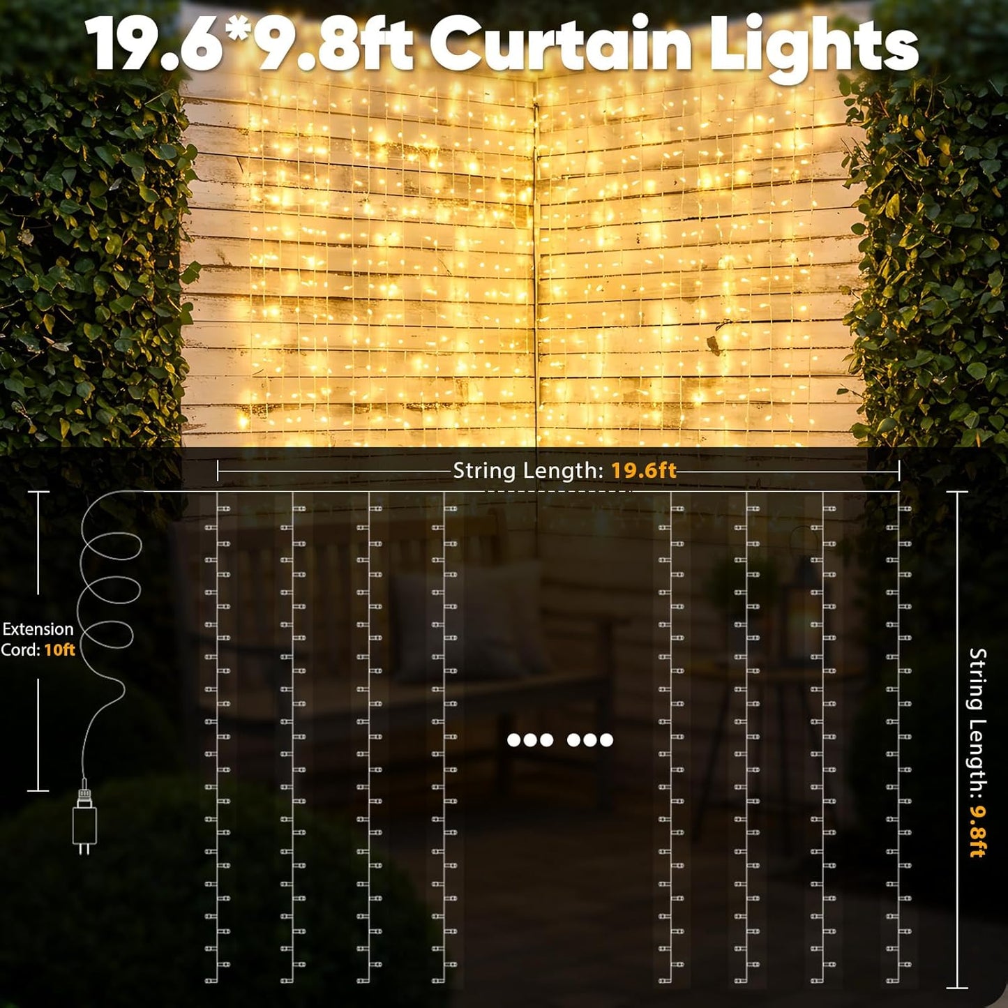 Suddus 600 LED Christmas Curtain Lights - 9.8x19.6ft Outdoor Wall Hanging Lights with Remote | Warm White Decor for Weddings, Parties, and More