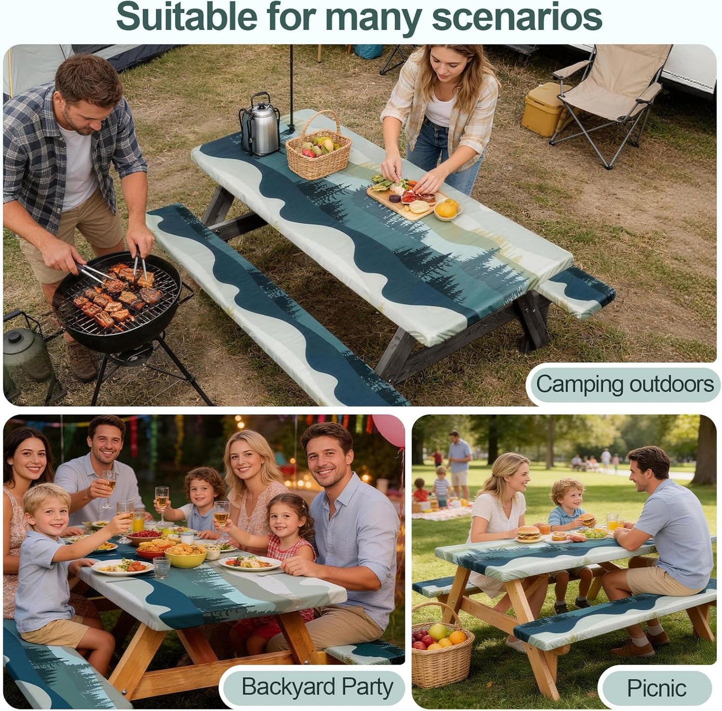 Picnic Table Cover - Waterproof & Windproof with Bench Covers | Fitted Rectangle 72in, Green Blue