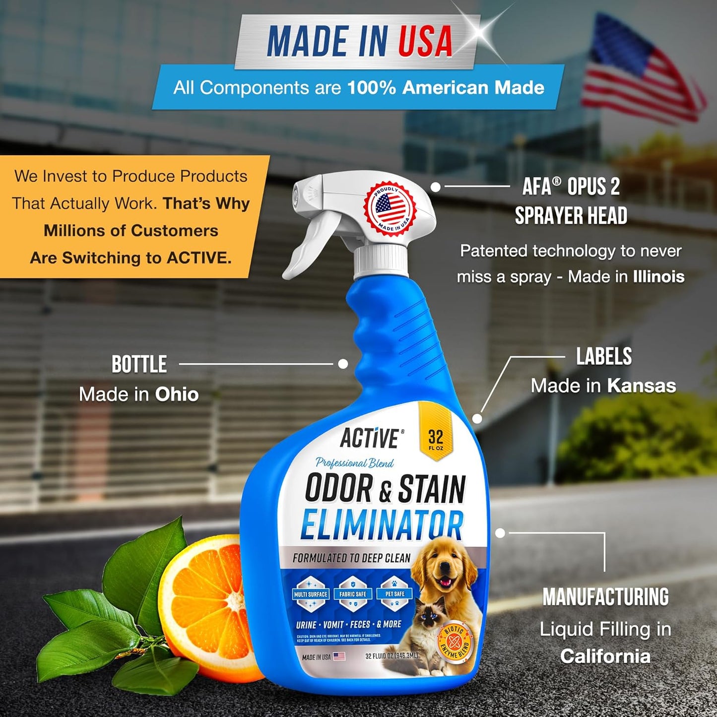 Pet Odor and Stain Eliminator by ACTIVE - 32 oz Enzyme Cleaner for Dog & Cat Urine, Natural Citrus Deodorizer