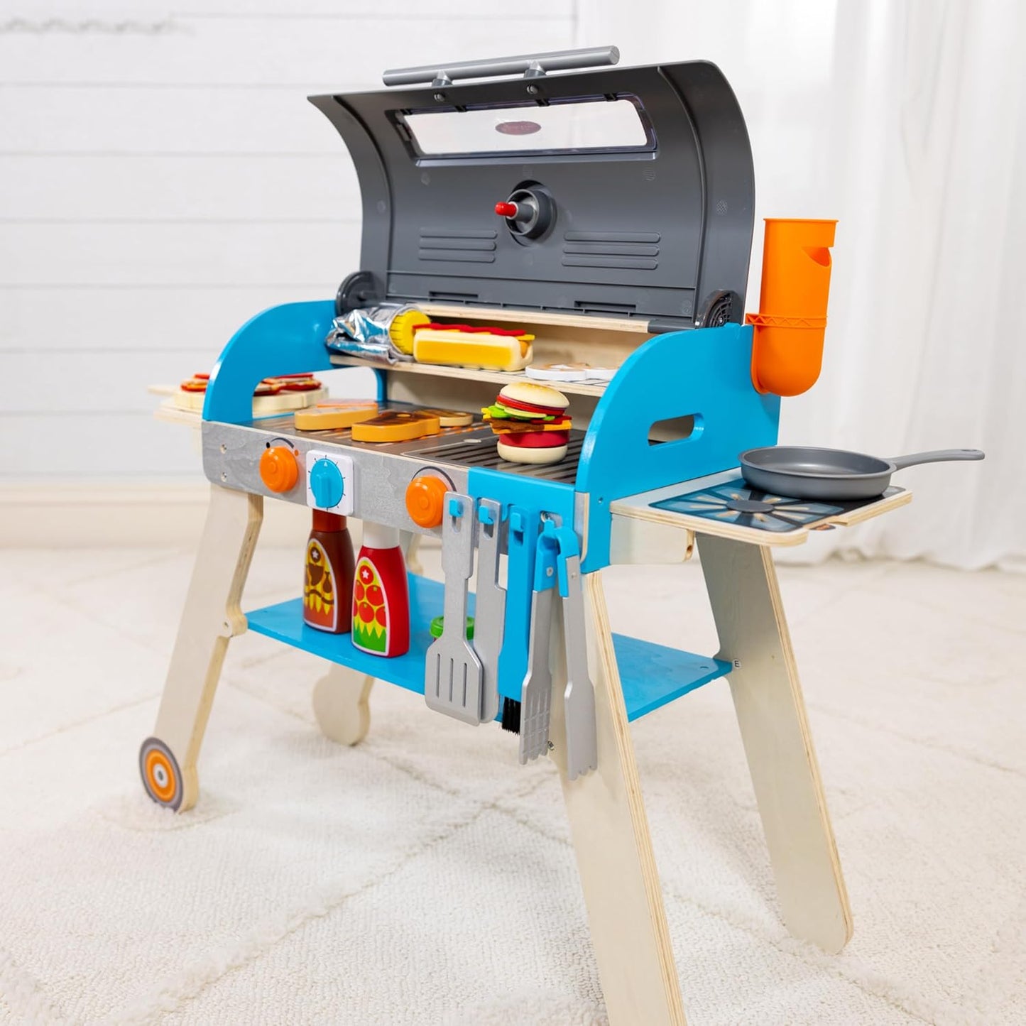 Melissa & Doug Deluxe Wooden Barbecue Grill & Smoker | Kids Play Kitchen Set with Pizza Oven & Toy Food - FSC Certified for Ages 3+