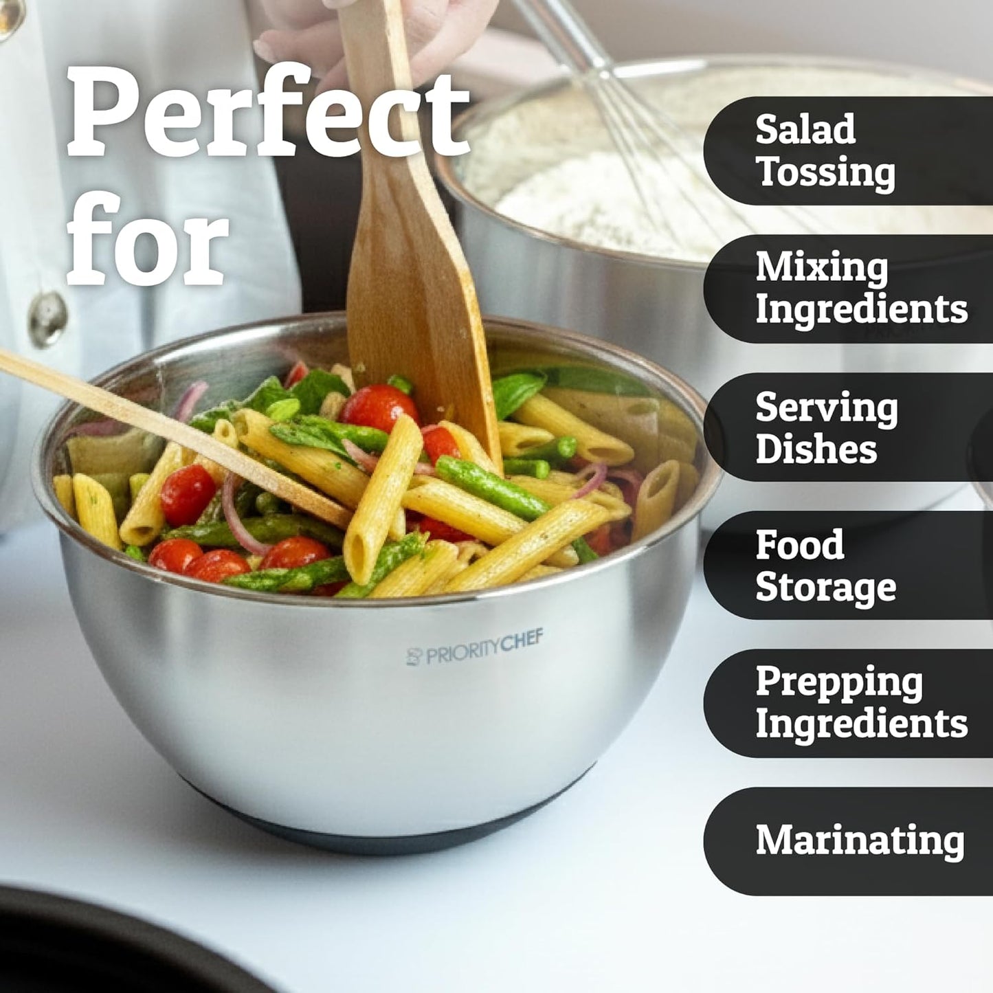 Priority Chef Stainless Steel Mixing Bowls Set - Airtight Lids, Non-Slip Base & Utensil Set | Black