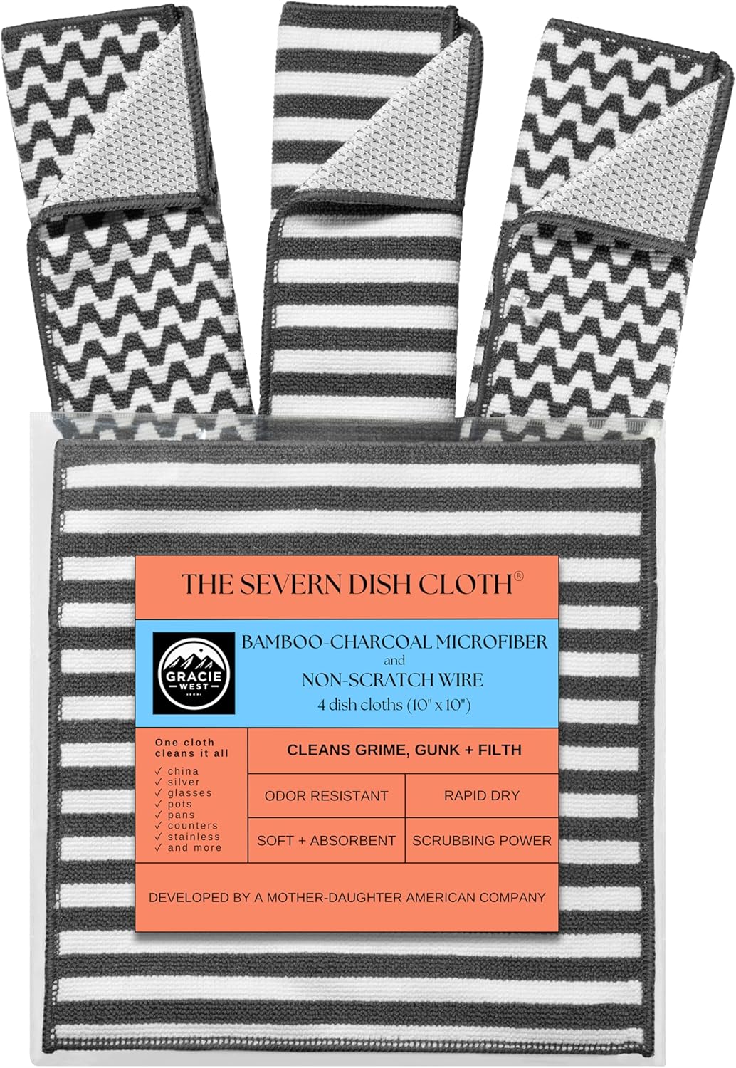 Severn Dish Cloths - Odor-Resistant 4-Pack Kitchen Cleaning Rags with Non-Scratch Scrubber | Bamboo-Charcoal Microfiber