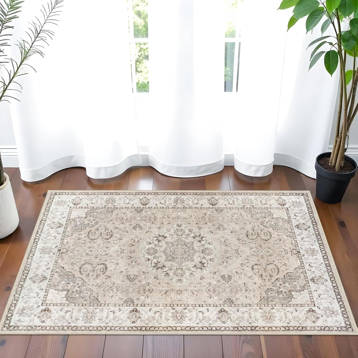 Regine Switzerland Washable 2x3 Entryway Area Rug - Soft Non-Slip Vintage Kitchen Runner in Beige