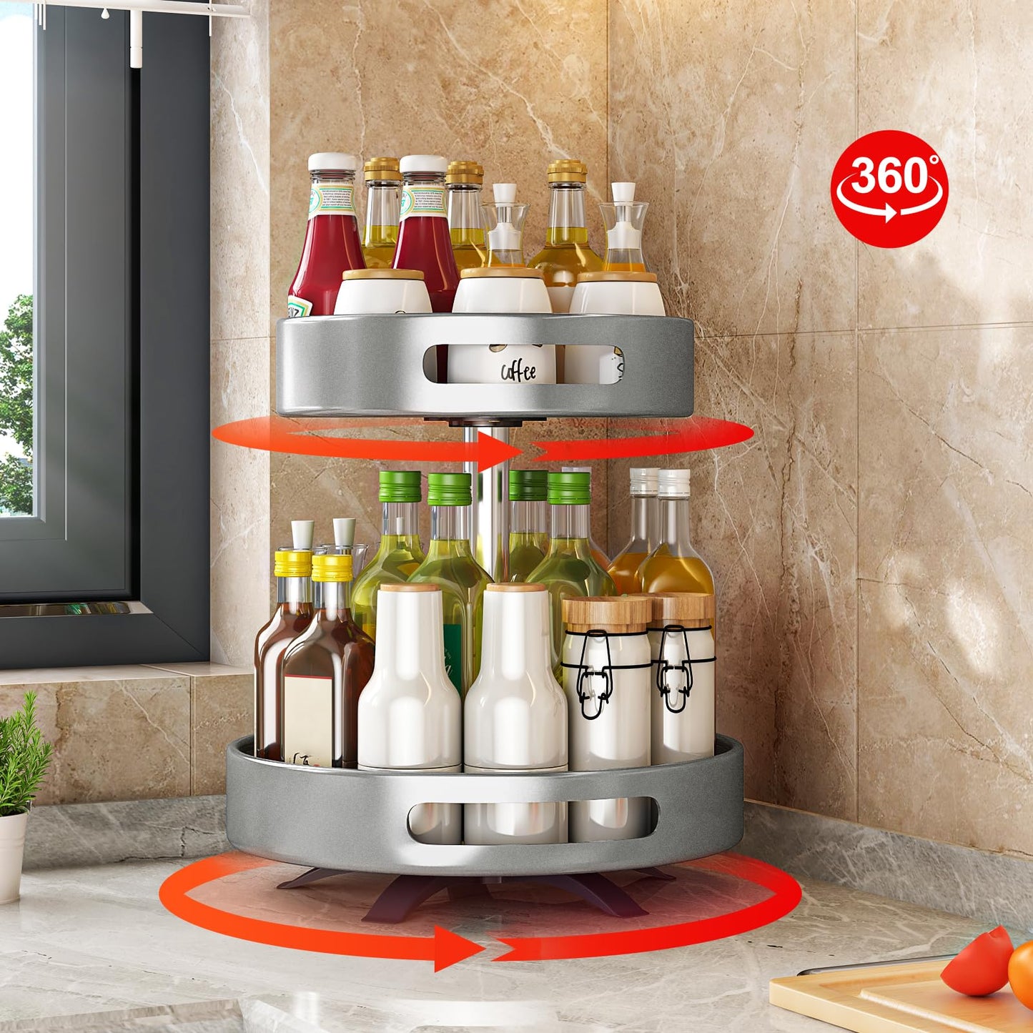2 Tier Lazy Susan Organizer,Organizer Spice Rack for Kitchen Cabinet,Turntable Organizer for Cabinet Pantry Table Organization,12inch Silver