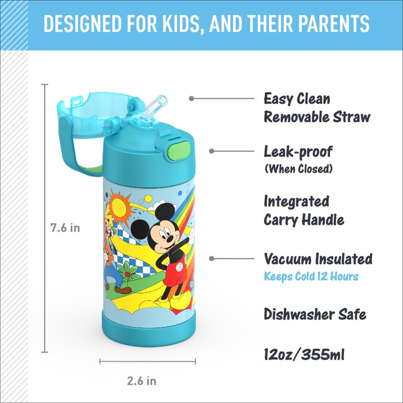 THERMOS FUNTAINER Water Bottle with Straw - 12 Ounce - Kids Stainless Steel Vacuum Insulated Water Bottle with Lid, Mickey Mouse
