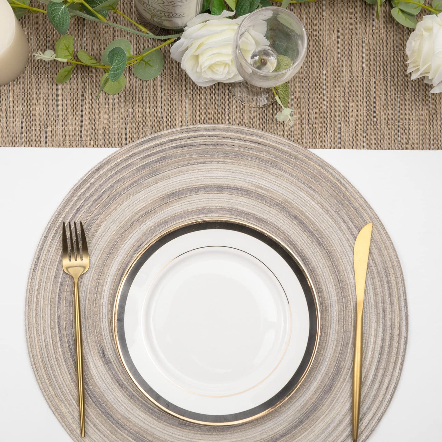 SHACOS Round Braided Placemats 15 inch Set of 4 Variegated Washable Kitchen Table Placemats for Home Wedding Party (Rainbow Gray, 4)