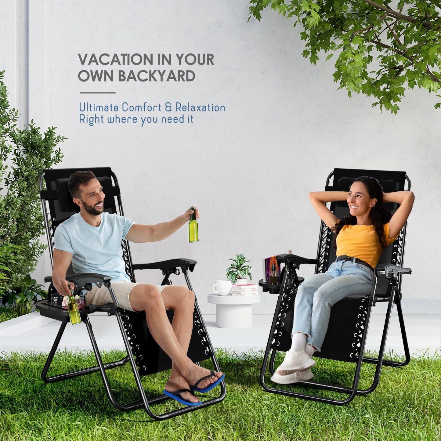 Nestl Zero Gravity Chairs - Set of 2 Adjustable Outdoor Lounge Chairs with Pillows & Cup Holder - Black