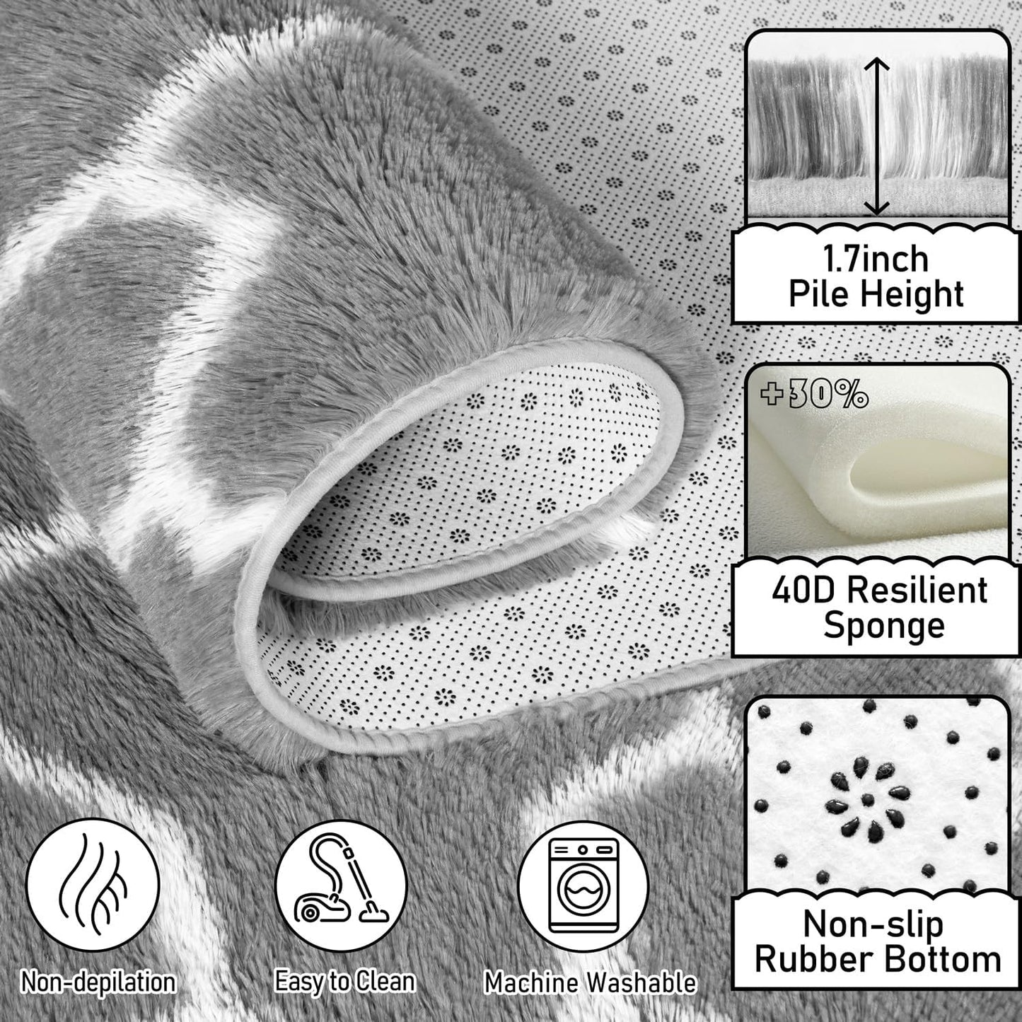EVOIONOS 5x7 Washable Large Area Rug for Living Room, Grey and White Geometric Pattern Fluffy Shag Rug for Bedroom, Ultra Soft Plush Non Slip Carpet for Indoor Floor Nursery Kid Home Decor Aesthetic