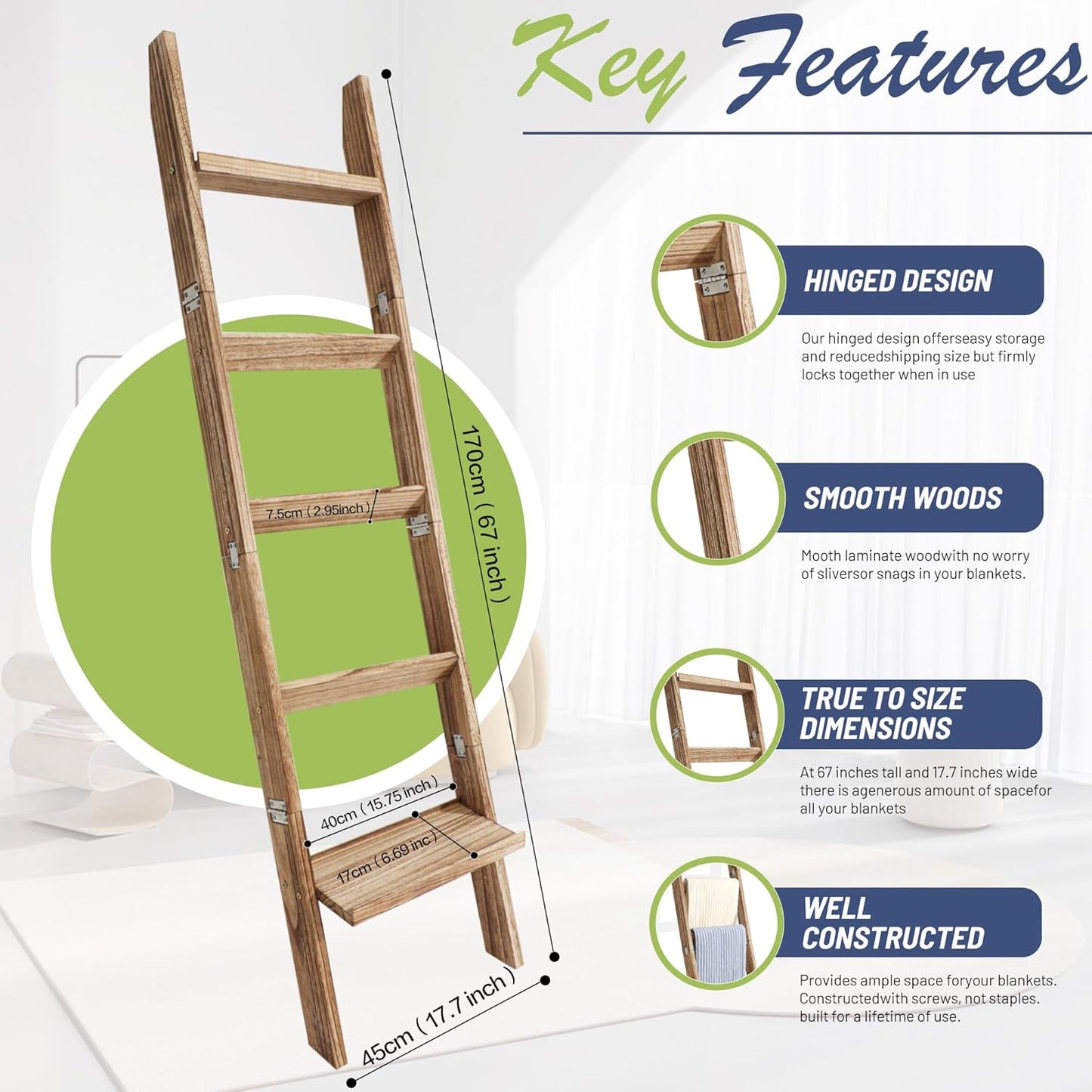 67" Wooden Blanket Ladders for The Living Room,5-Tier Ladder Shelf, Ladder Rack for Storage and Decor (Black)