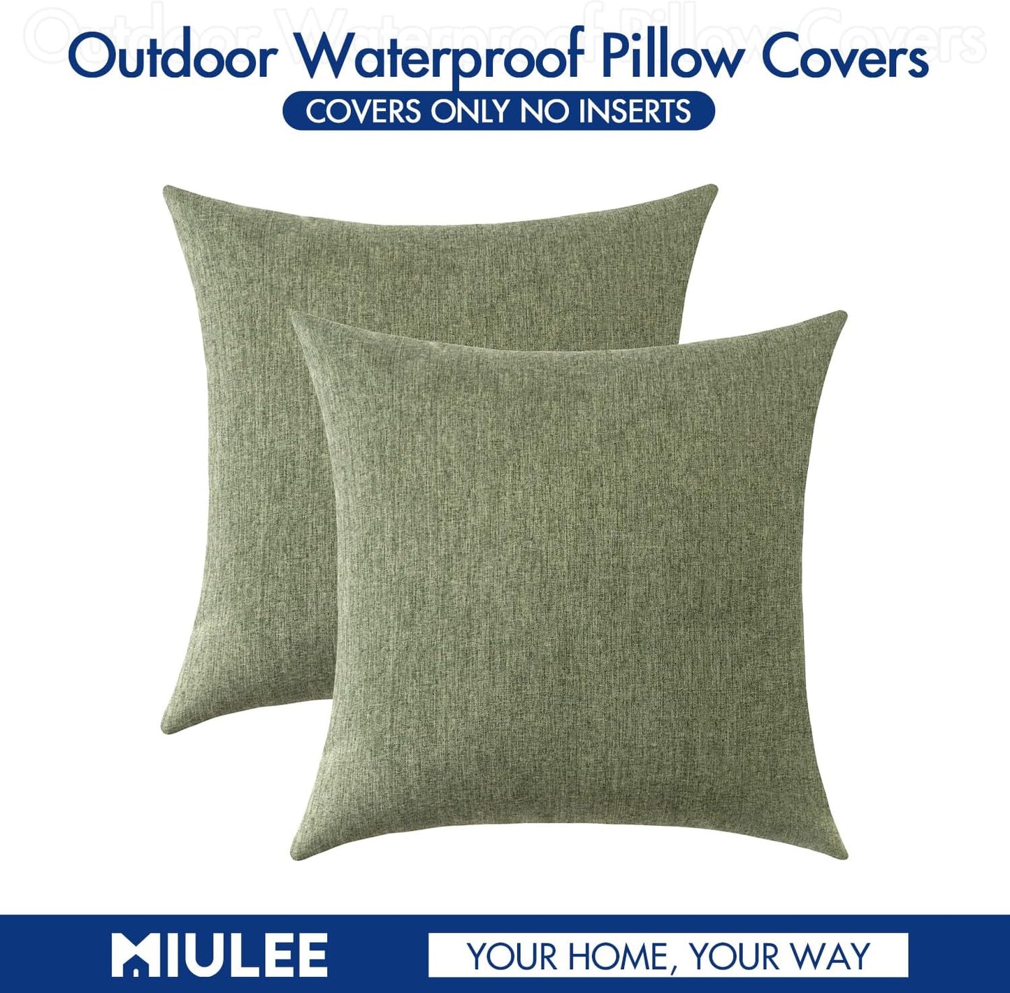 MIULEE Decorative Outdoor Throw Pillow Covers - Waterproof Faux Linen Cushion Cases | 20x20 Inch Gray Green (Pack of 2)