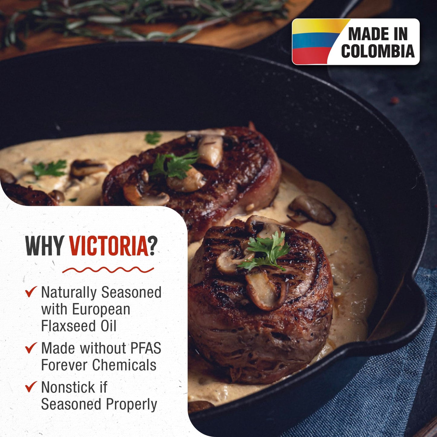 Victoria 12-Inch Cast Iron Skillet, Pre-Seasoned Cast-Iron Frying Pan with Long Handle, Made in Colombia