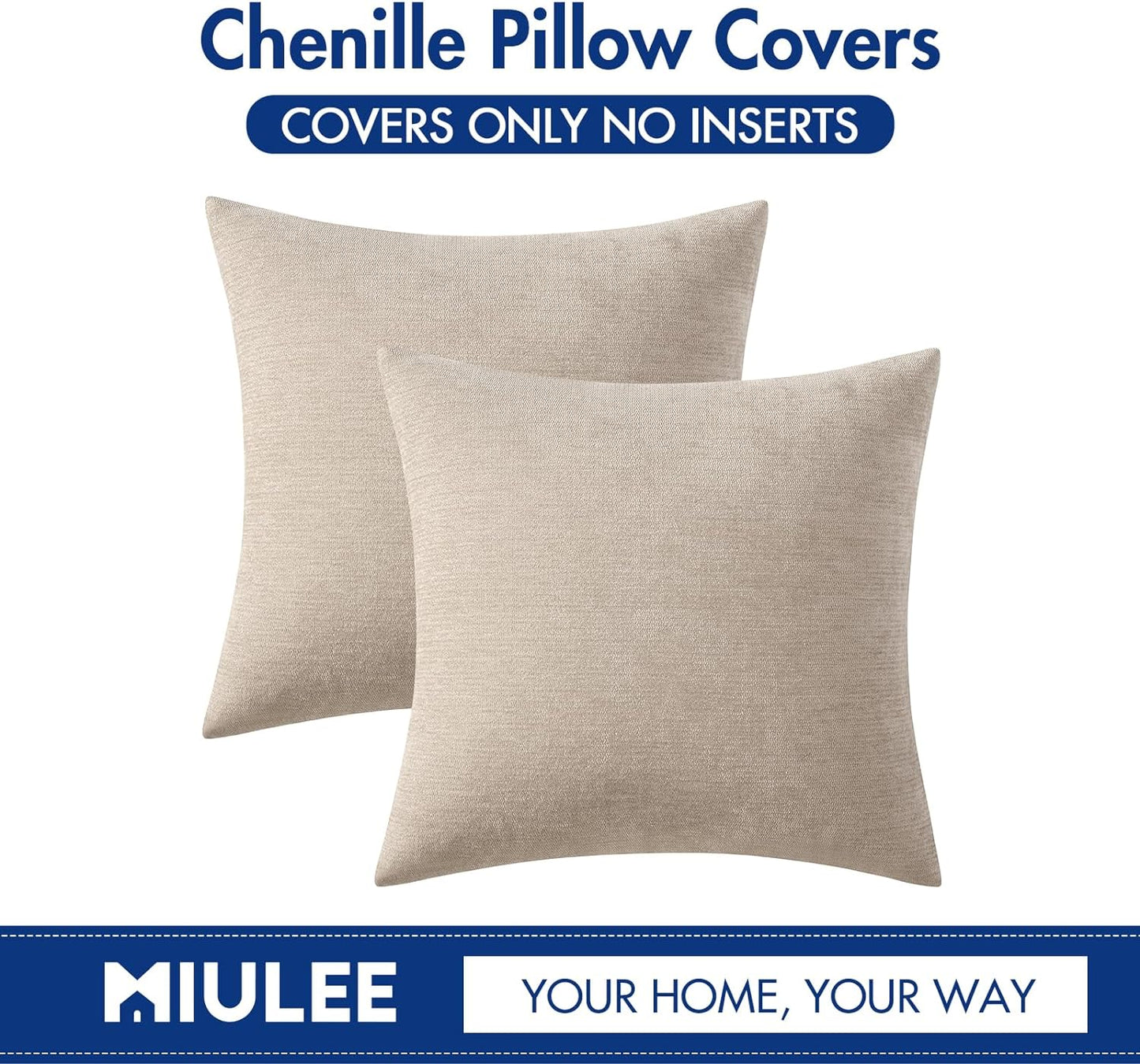 MIULEE Decorative Pillow Covers - Soft Chenille Farmhouse Cushions | Pack of 2, 16x16 Inch, Beige