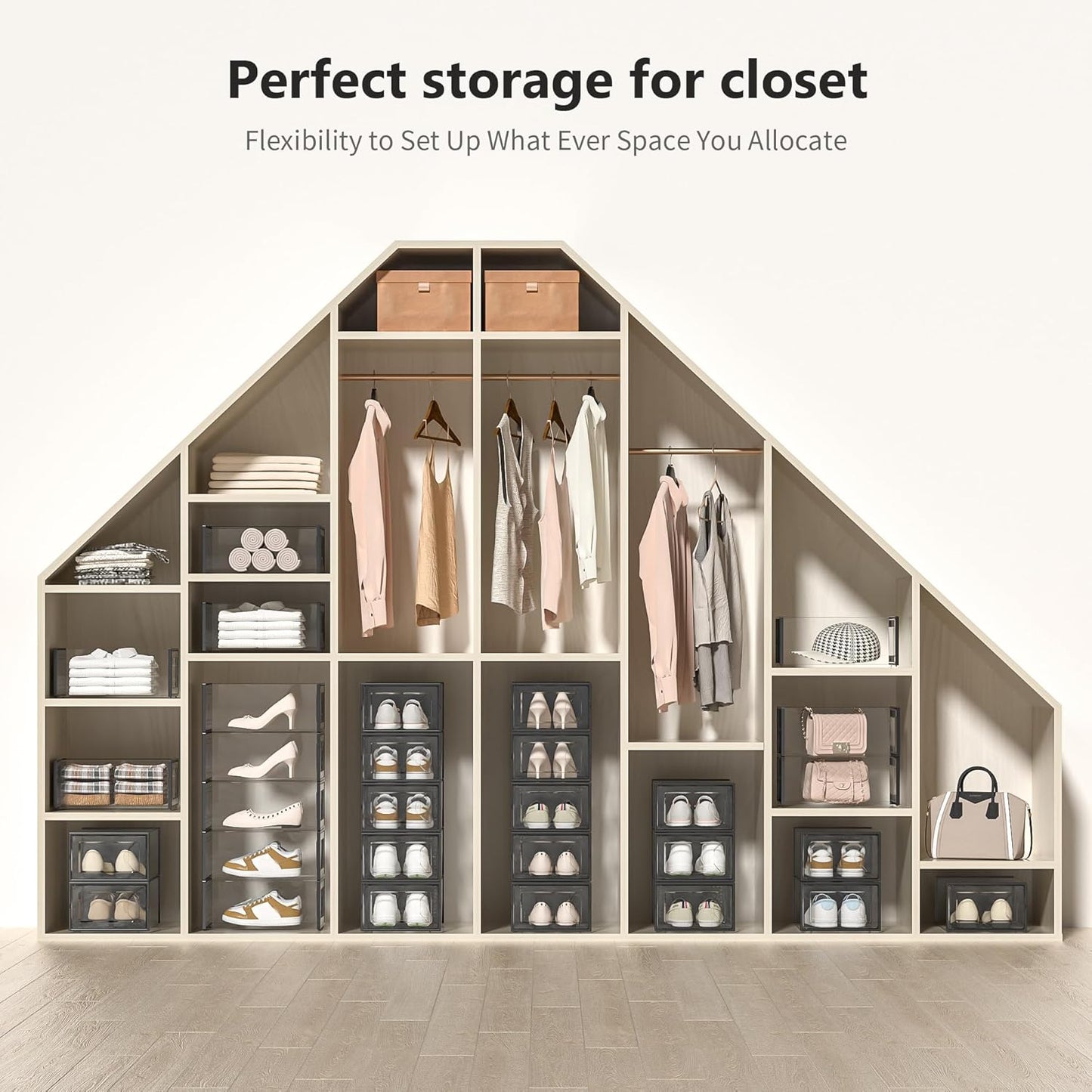Kuject Shoe Storage Box - Large Crystal Clear Stackable Organizer | Space-Saving 12-Pack Black