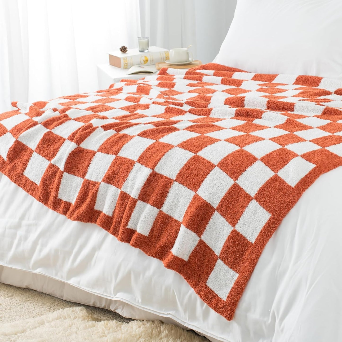 Carriediosa Checkered Throw Blanket 90" X 90" Queen, 400GSM Ultra Soft Microfiber Fuzzy Fluffy Reversible Cute Preppy Knitted Blankets Cozy Plush Fall Throws for Couch, Bed, Sofa, Rust