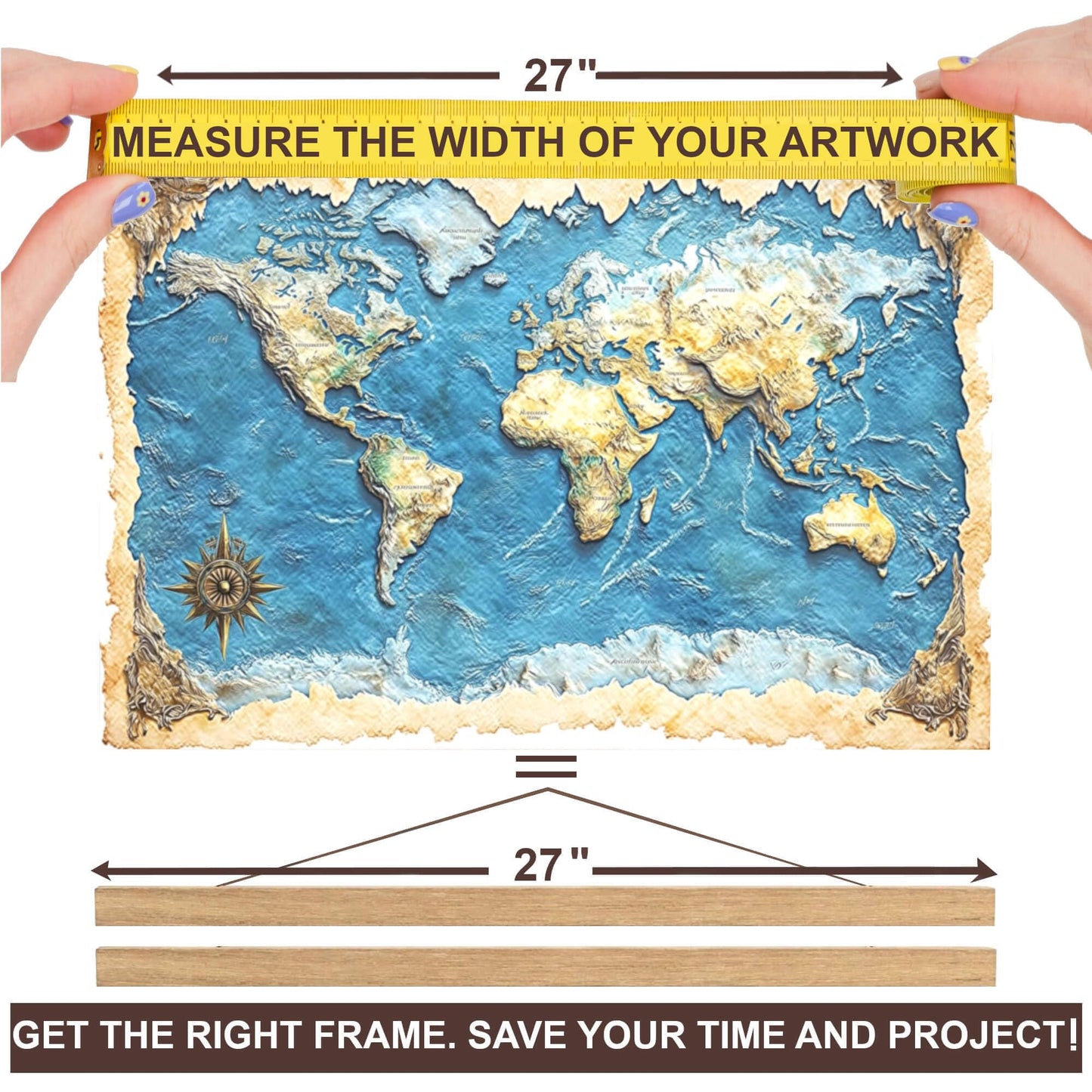 DACRI HOME Magnetic Poster Hanger Frame, Sturdy Magnetic Poster Frame 27x40, 27x41 with Teak Wood, Strong Magnets for Hanging Prints, Maps, Pictures, Scroll Wall Art (27 Inch, Teak)