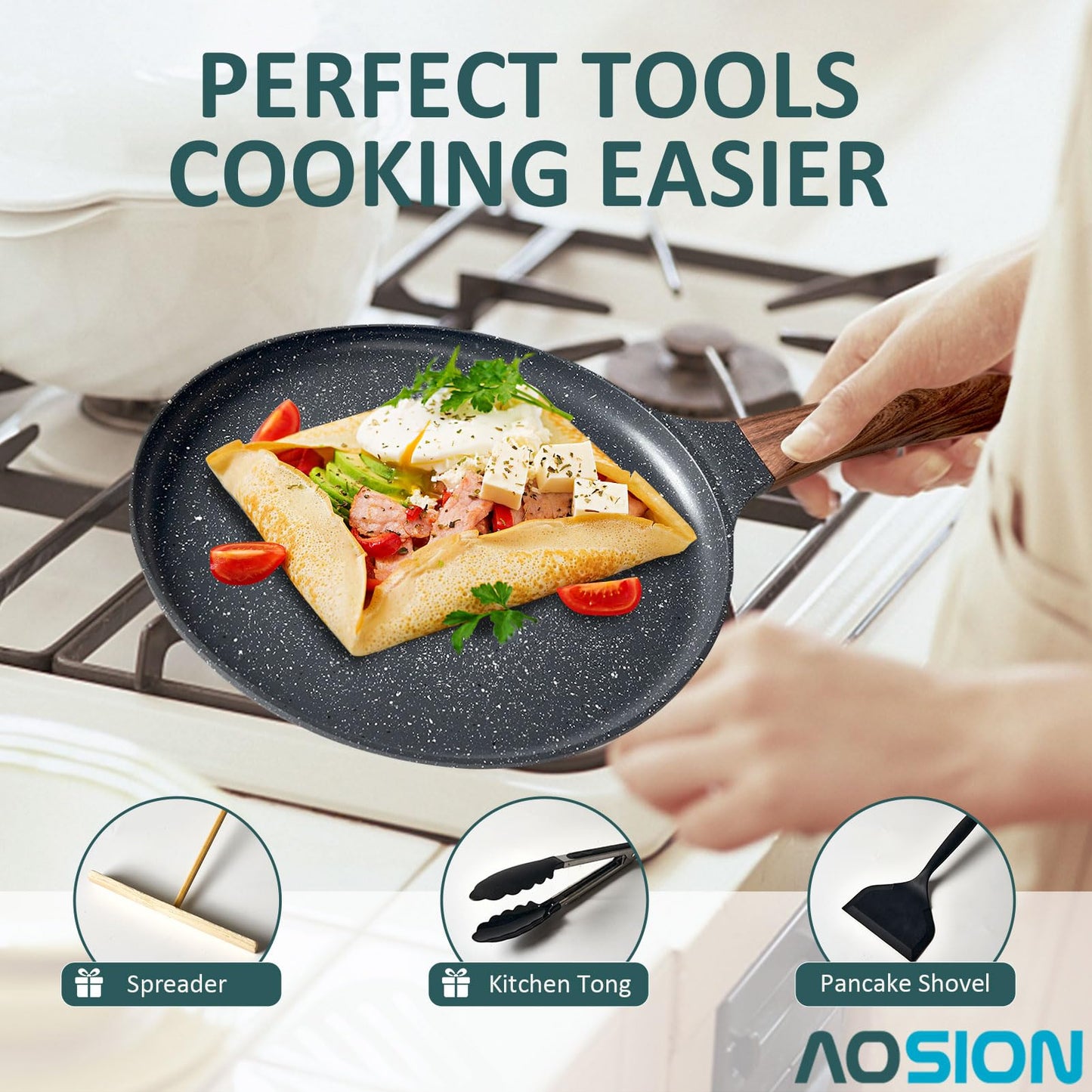 AOSION Nonstick Crepe Pan 9.5 inch,Ceramic Crepe Pan,Dosa Tawa Pan, Ceramic Coated PFOA-Free, Ergonomic Handle, With Pancake Tools, Forged Aluminum Induction Safe