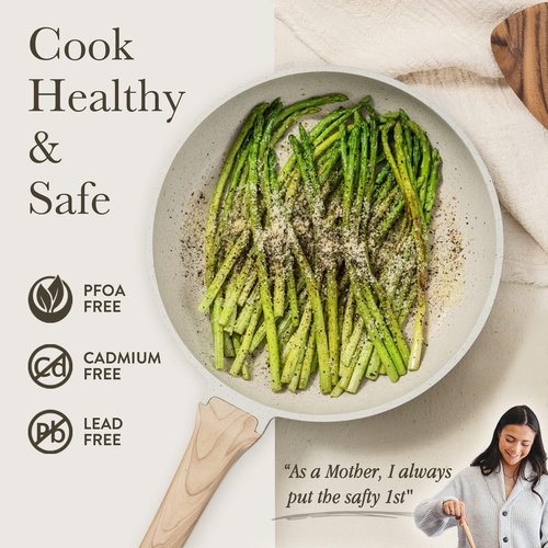 CAROTE Non Stick Frying Pan Skillet, Omelet Pan, Healthy Non Toxic Granite Chef Pan, Induction Compatible Egg Frying Pan with Heat-Resistant Handle, PFOA-Free,Cream White, 10"