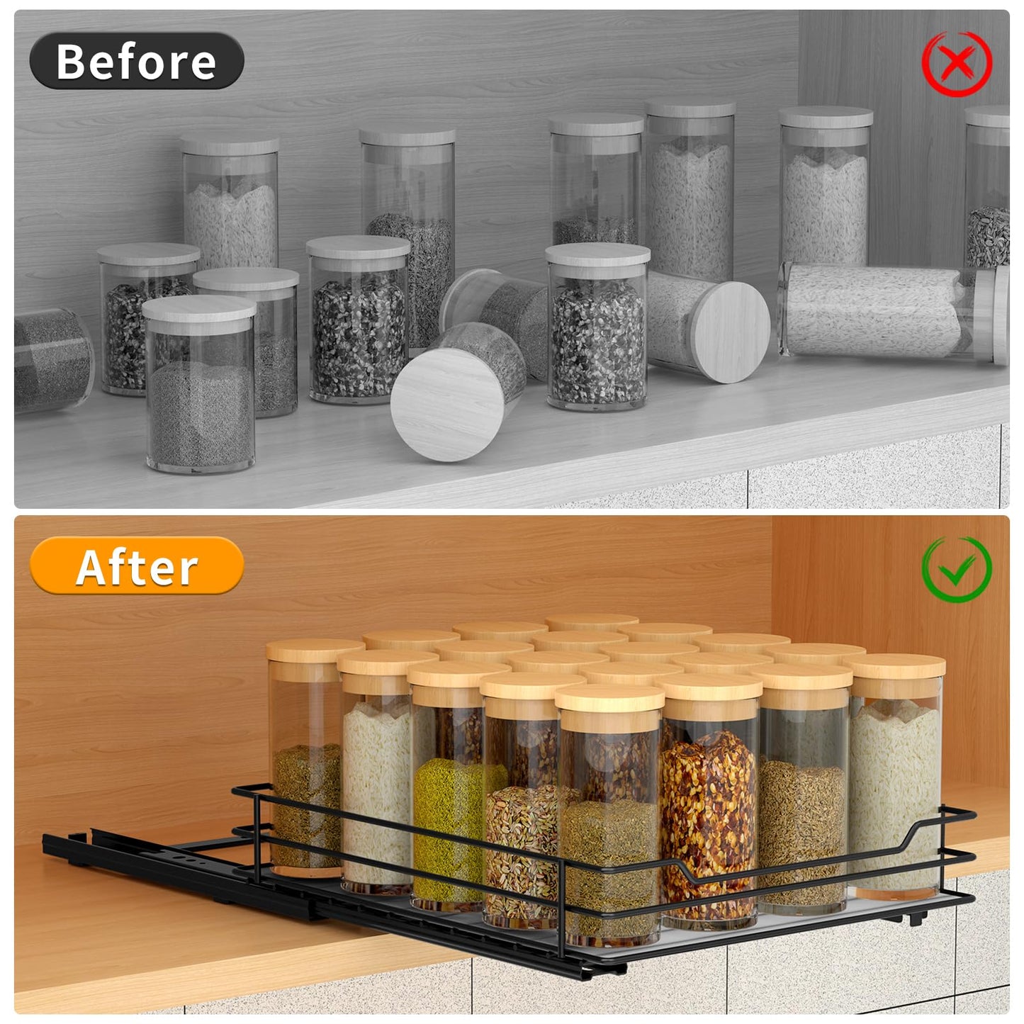 BOIVSHI Pull Out Spice Rack Organizer for Cabinet, Heavy Duty Slide Out Spice Rack Organizer for Kitchen Cabinets and Pantry, Fits Spices, Sauces, Canned Food (8.5''Wx10.5''Dx2.5''H)