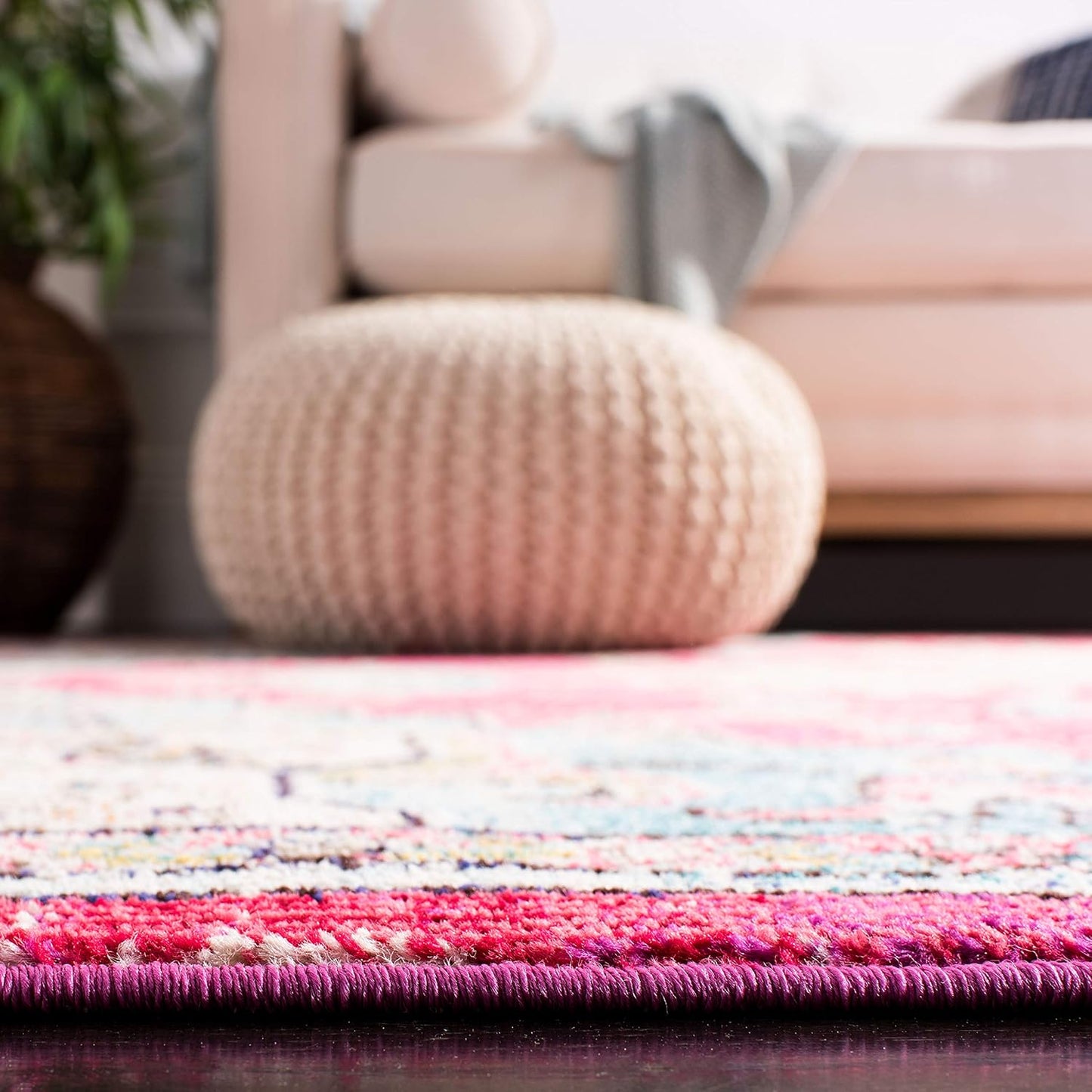 SAFAVIEH Madison Collection Runner Rug - 2'2" x 14', Fuchsia & Blue, Boho Chic Medallion Distressed Design, Non-Shedding & Easy Care, Ideal for High Traffic Areas in Living Room, Bedroom (MAD473A)