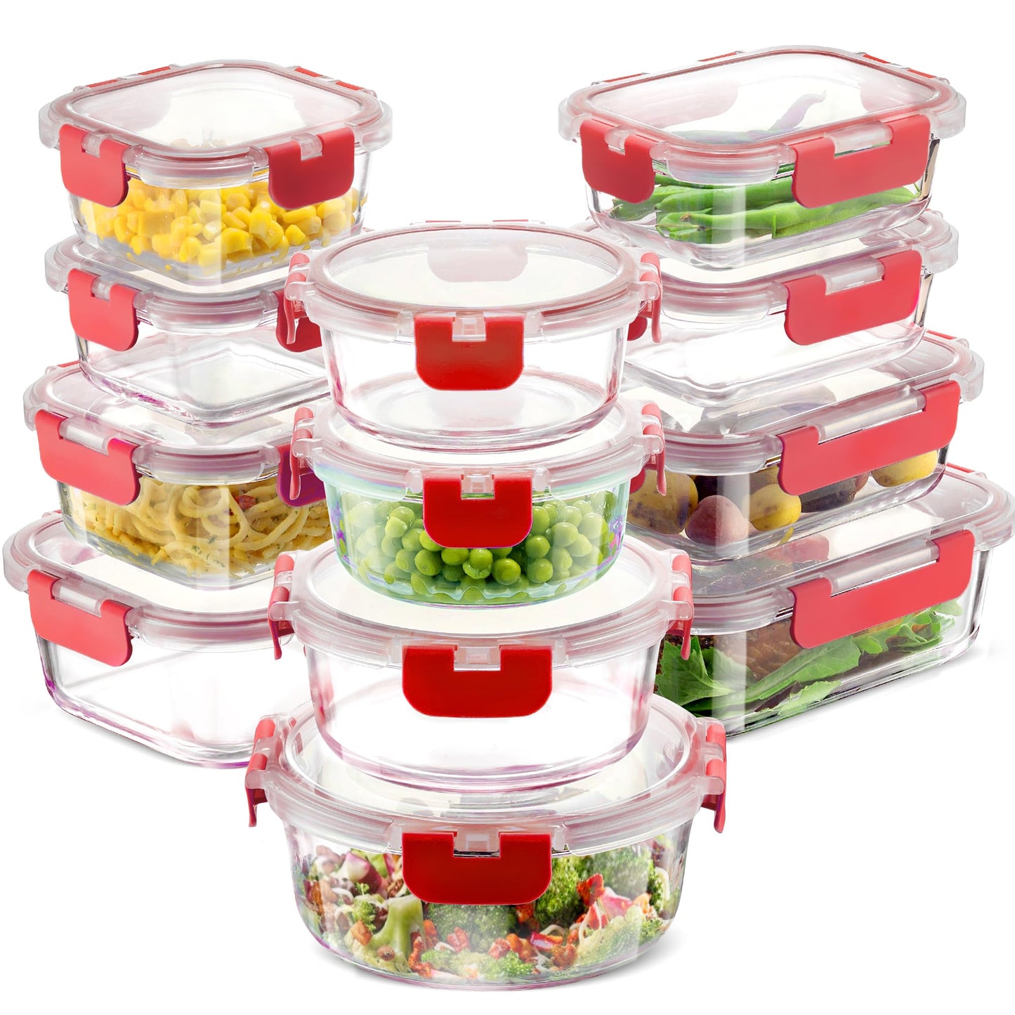 FineDine 24 Piece Glass Storage Containers with Lids - Leak Proof, Dishwasher Safe Glass Food Storage Containers for Meal Prep or Leftovers (Red, 24 Piece)
