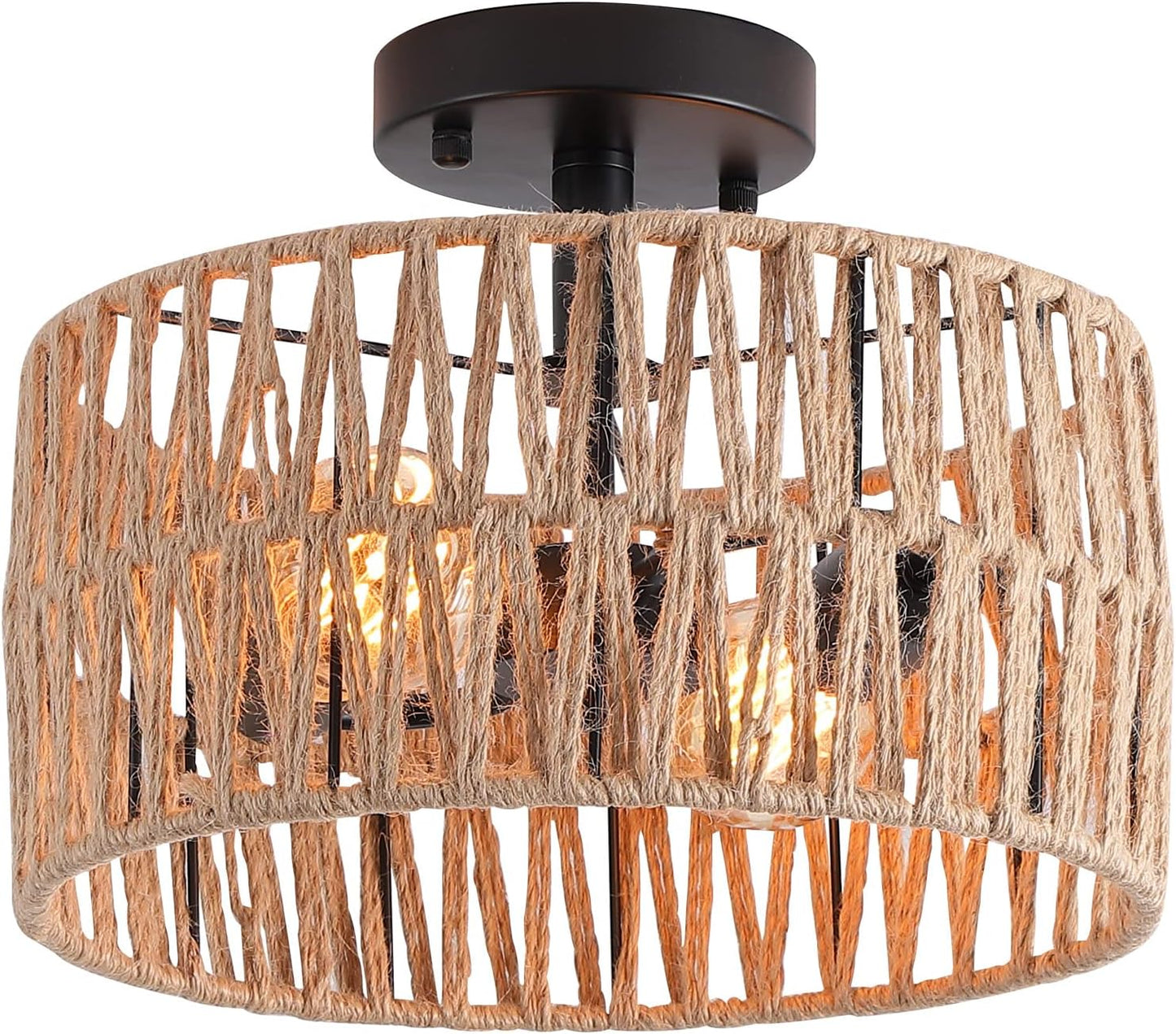 3-Light Antique Gold Woven Flush Mount Light Fixture Rustic Coastal Hemp Rope Brass Semi Flush Mount Ceiling Light for Hallway Bedroom Kitchen Entryway Farmhouse Living Room