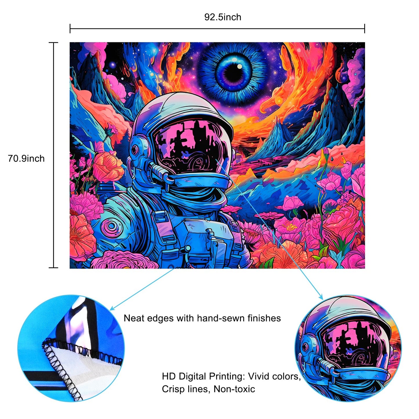 AtawLege Blacklight Astronaut Tapestry Hippie Eyes Tapestry UV Reactive Flowers Plants Tapestry Neon Galaxy Space Wall Hanging for Bedroom (70.9 x 92.5 inches)