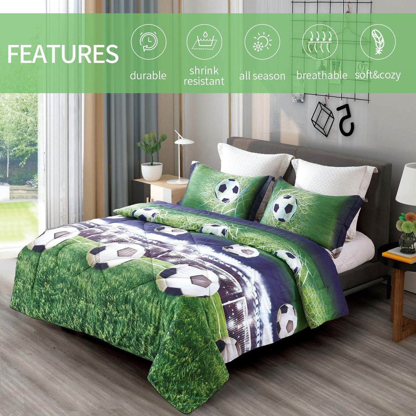 ENJOHOS Full Size Comforter Set for Boys, 3 Piece Soccer Bedding Set for All Season, Lightweight Soft Microfiber Sports Comforter with 2 Pillow Cases