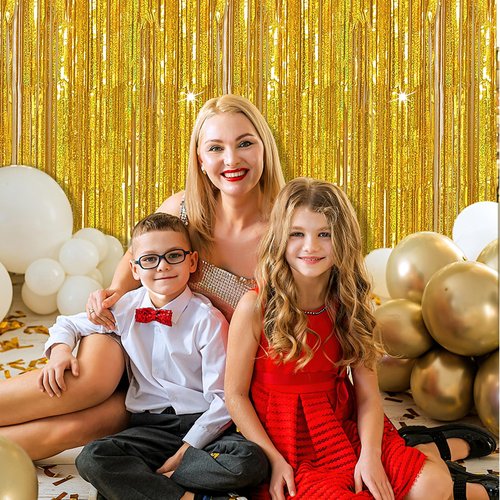 3 Pack Gold Foil Tinsel Backdrop Curtain Birthday Decorations Streamers for Dance Party Photo Booth Props Bachelorette Christmas Halloween New Years Eve Party Supplies