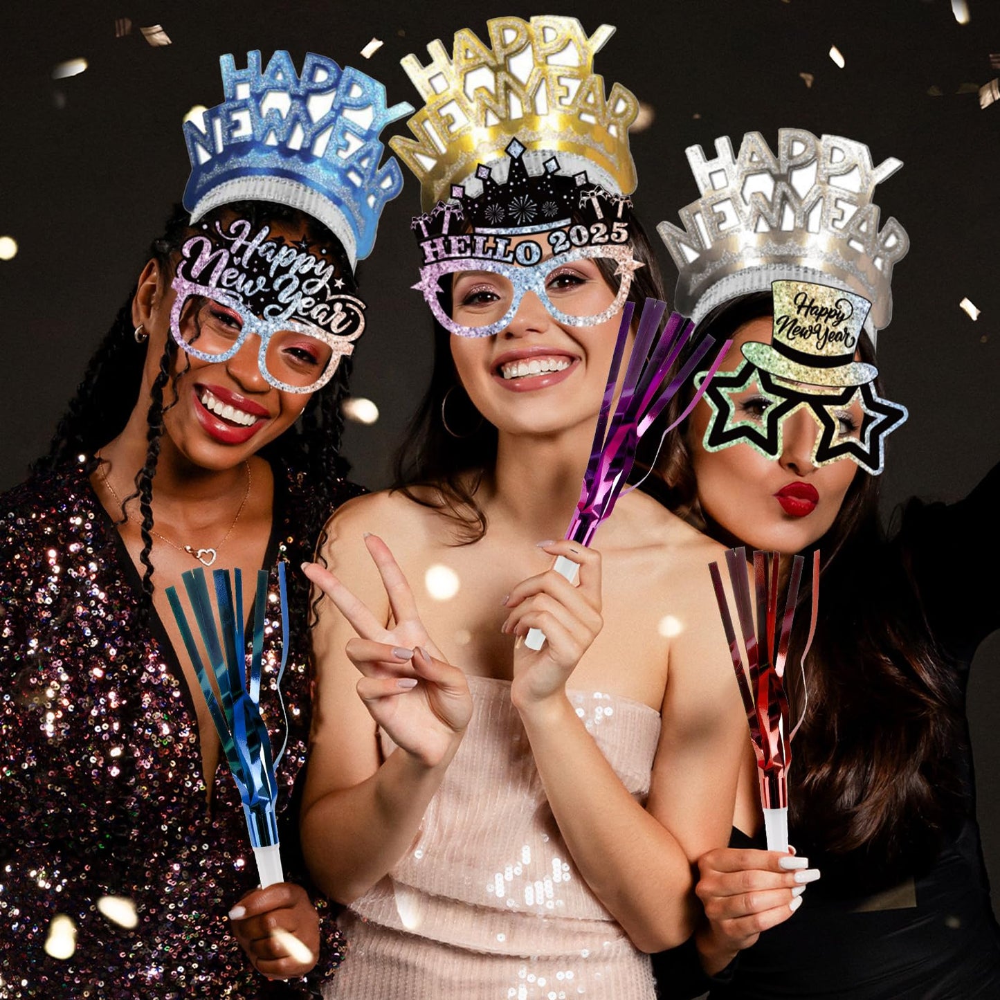 New Years Eve Party Supplies 2025, Happy New Year Colorful New Years Eve Party Favors includes New Years Glasses 2025 New Years Headband and Noise Makers for New Years Eve Party Supplies Colorful
