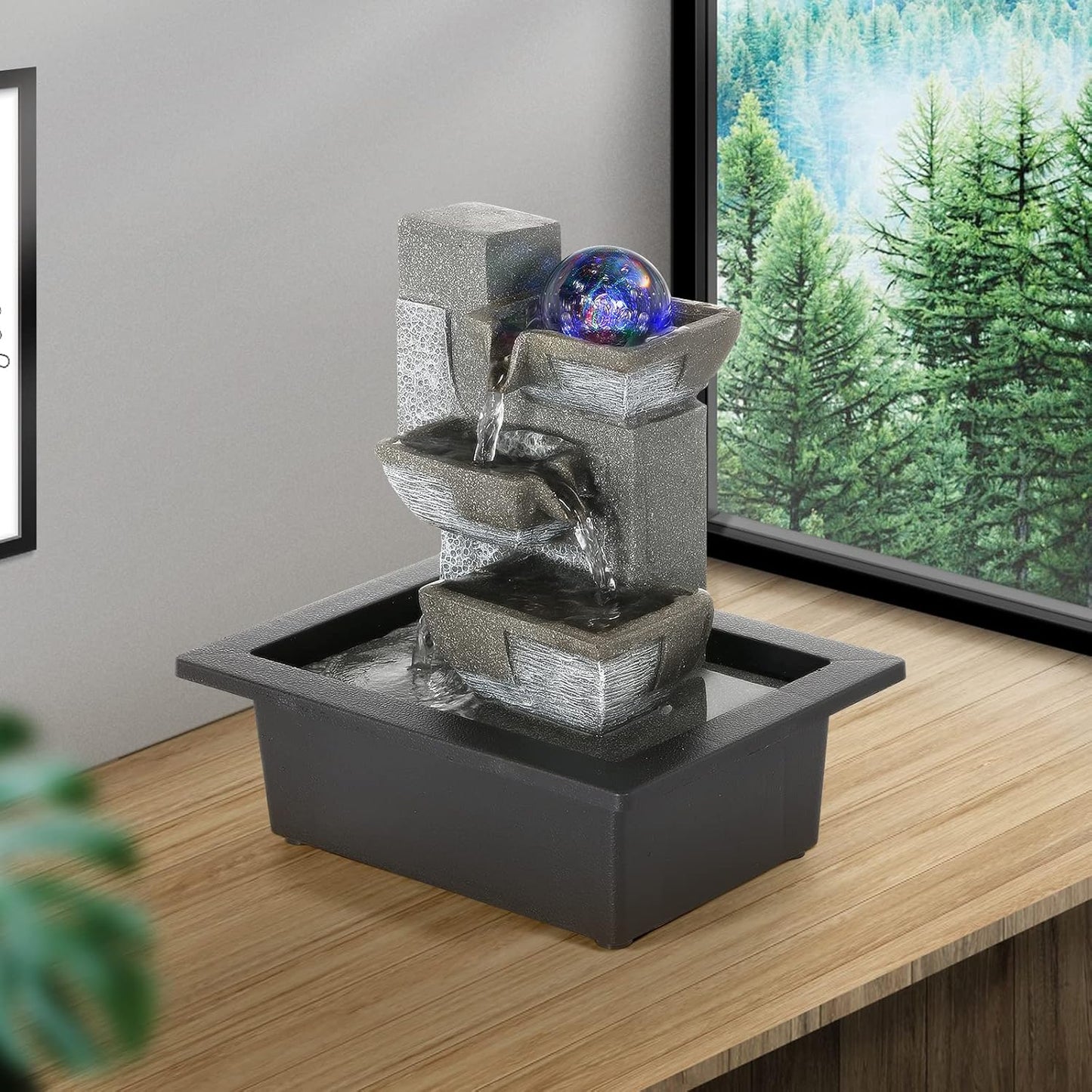 Dyna-Living Water Fountains Indoor Tabletop Fountain with Pump Waterfall Fountain Indoor Coloured LED Lights Desk Water Fountains for Home Office Decor Style 1
