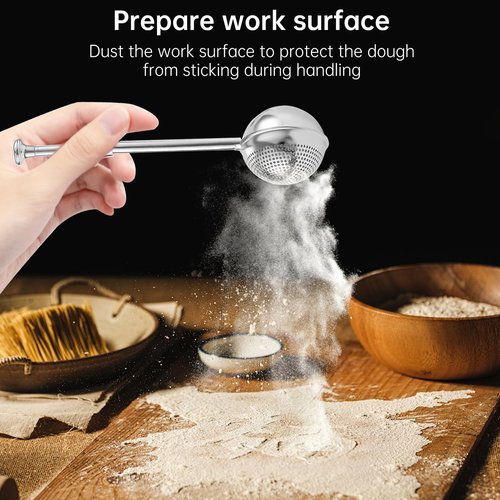 Flour Sifter for Sourdough Bread - Bread Flour Shaker Duster, One Handed Operation Flours Duster for Breads Baking, 304 Stainless Steel, Spring Handle Bakers Dusting Wand for Flours