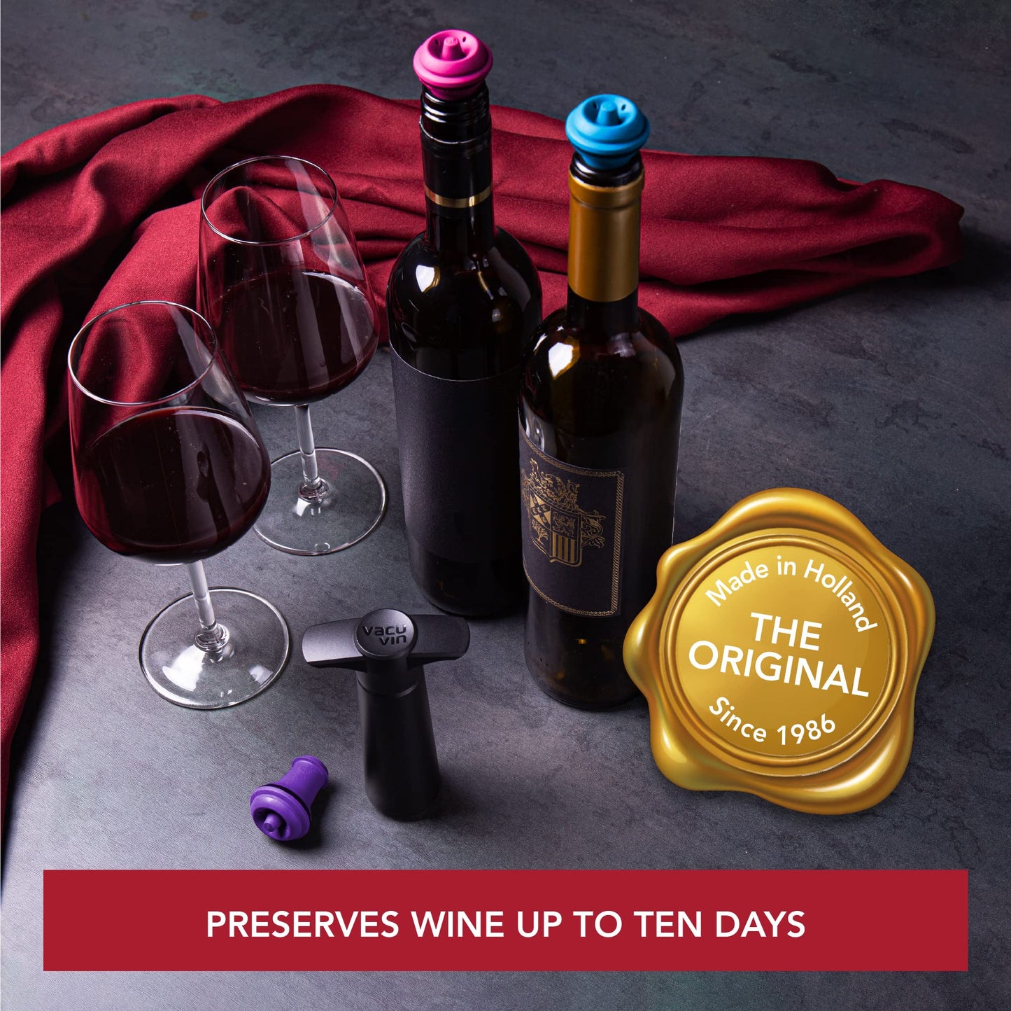 Vacu Vin Wine Saver Vacuum Stoppers – Set of 3 – Multicolor – Airtight Seal to Keep Wine Fresh Up to a Week – Compatible with Vacu Vin Wine Saver Pump – Reusable & Dishwasher Safe