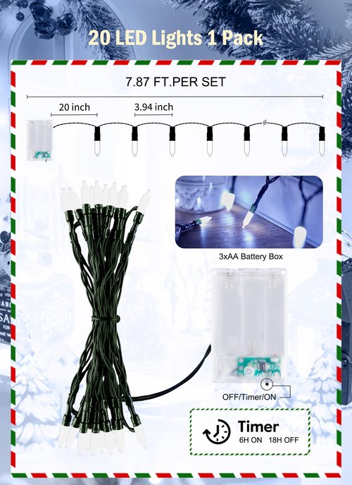 Battery Operated Christmas String Lights, 8ft 20 LED Mini Lights with Timer, Christmas Tree Lights for Indoor Outdoor Bedroom Wedding Party Holiday Xmas Decoration,Pure White