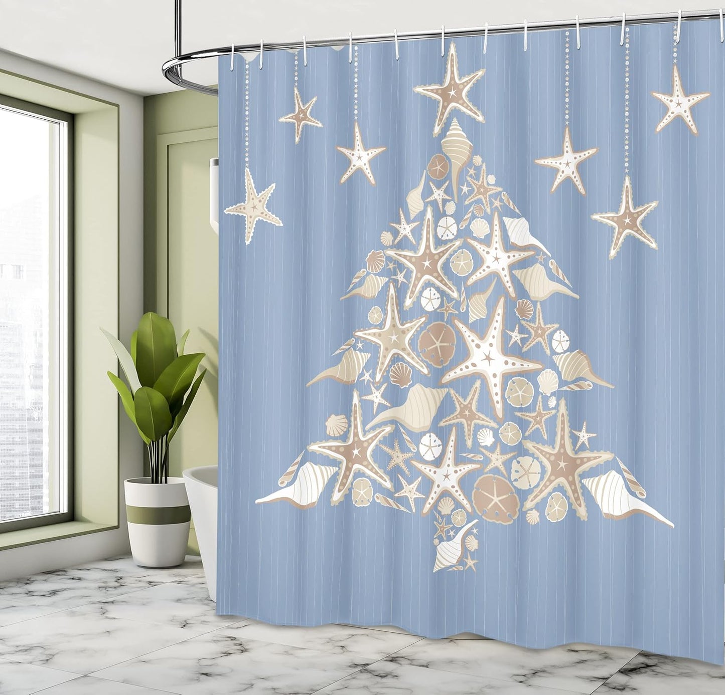 Christmas Nautical Shower Curtain - Sea Life & Noel Tree Design, 69x70", Beige