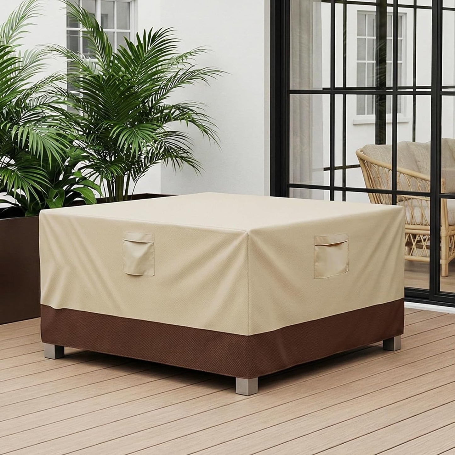 Vailge Heavy-Duty Waterproof Patio Table Cover - Rectangular/Oval Design, 84" L x 84" W x 28" H, Beige & Brown