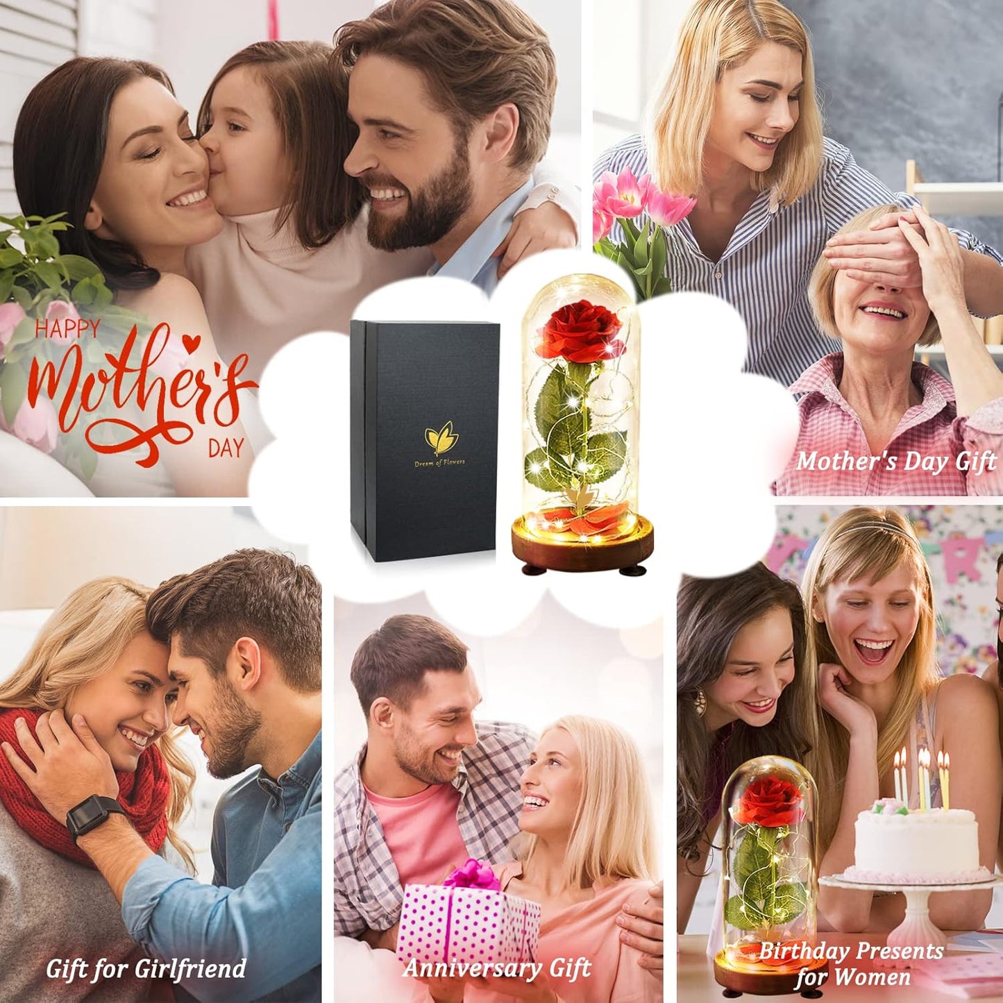 Birthday Gifts for Women,Beauty and the Beast Rose in Glass Dome,Preserved Rose with Warm Lights,Flower for Delivery Prime,Forever Flower Gifts for Women Mom Wife Girlfriend, Anniversary Birthday Gift