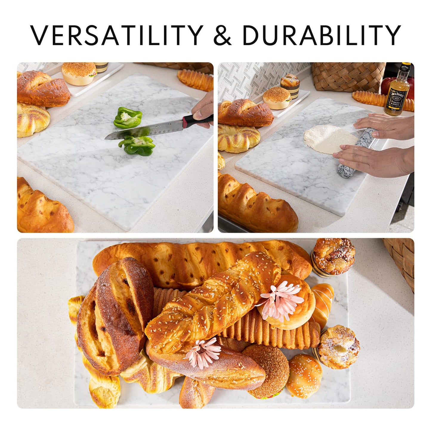 Lovdeco Marble Cutting Board, Pastry Board For Kitchen, Carrara White Marble Slab Gift With Non-Slip Feets, 12x20 Inch, 1 Piece