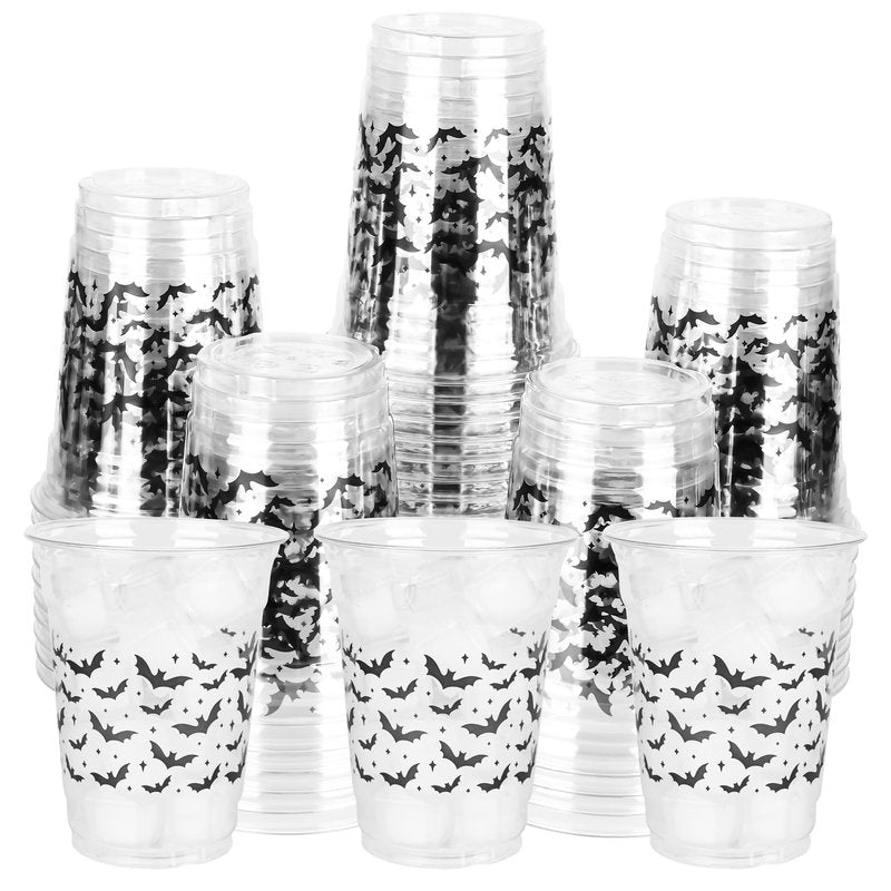 AimFun Halloween Bats Plastic Cups White Black Ghosts Disposable Party Cup Cute Spooky 12oz Clear Cups for Candy Beverage Snacks Birthday Baby Shower Party Supplies (50, Bats)
