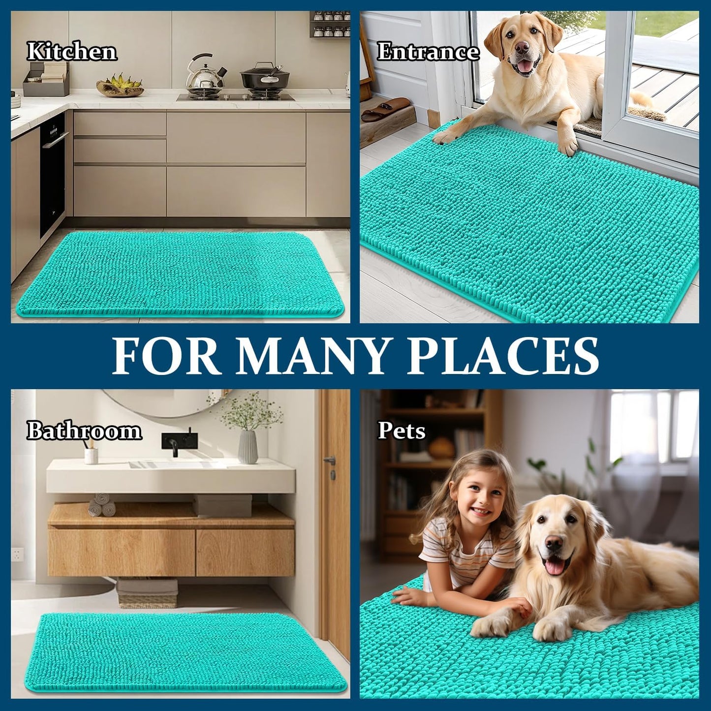 OLANLY Dog Door Mat - Absorbent Non-Slip Washable Doormat for Muddy Paws | 47x24 Teal Indoor Carpet