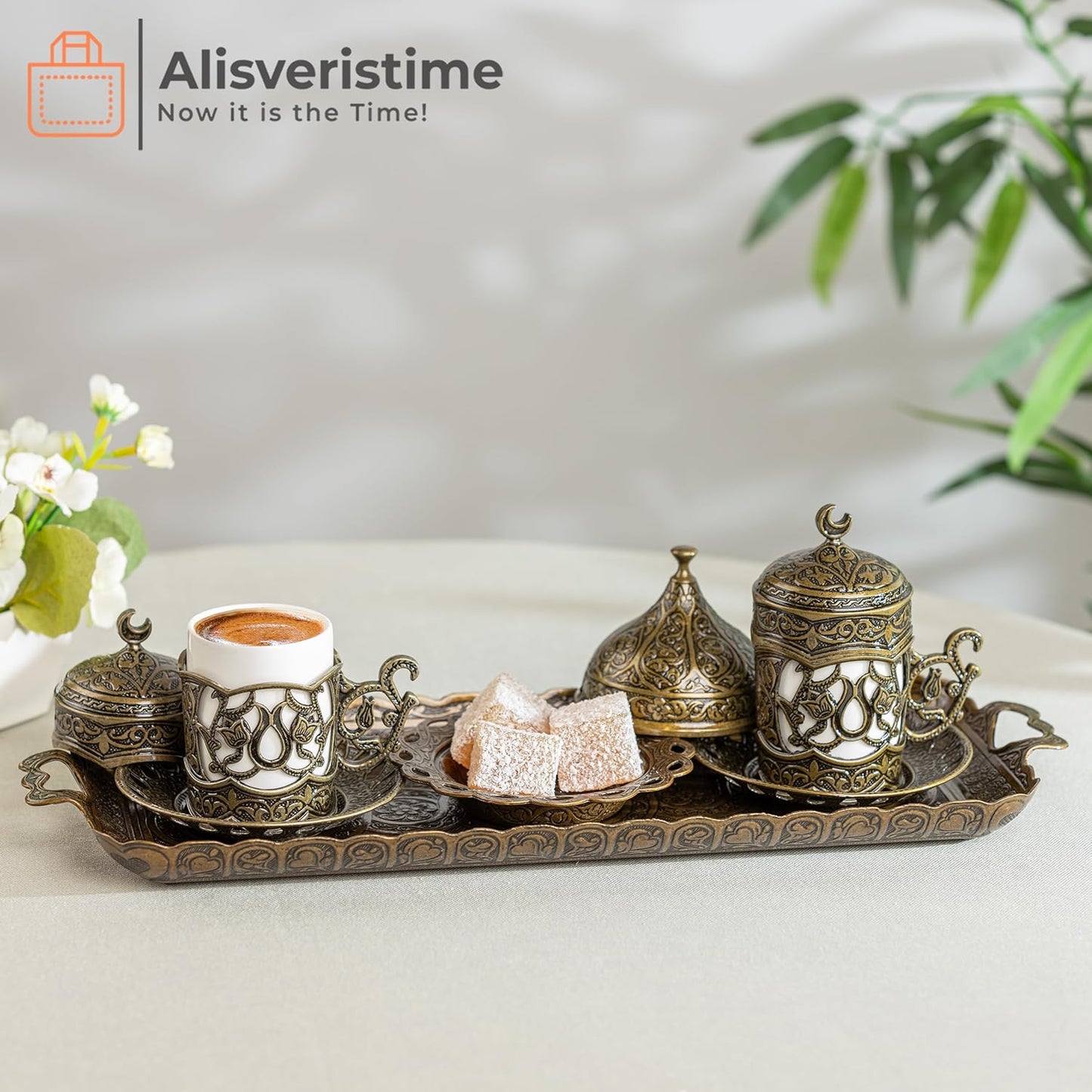 Alisveristime Ottoman Turkish Greek Arabic Espresso Coffee Cups with Saucer and Lid (Set of 2) (Hilal) (Silver)