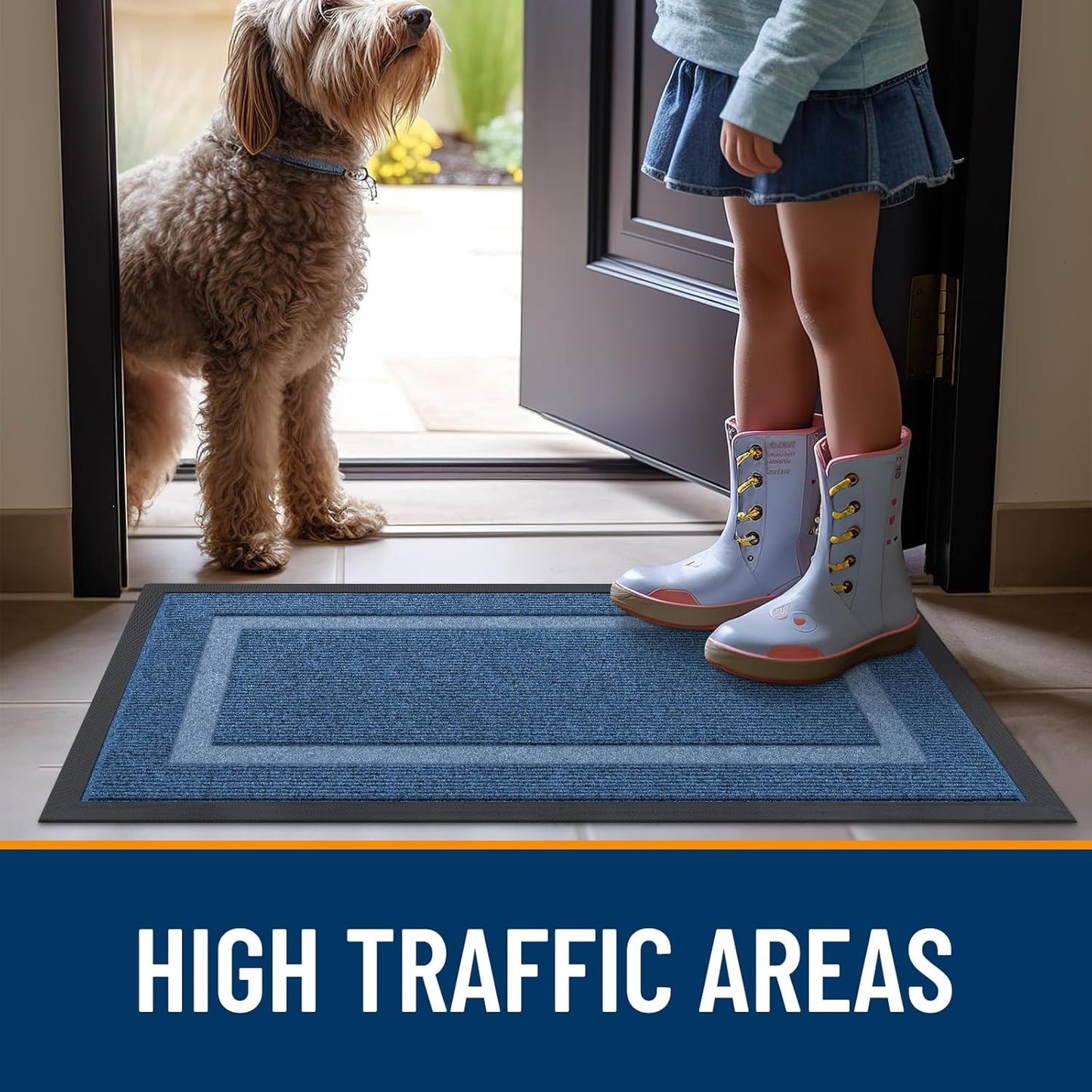 OLANLY Indoor Outdoor Front Door Mat - Waterproof All-Weather Doormat, Easy Clean, 47x17, Light Blue