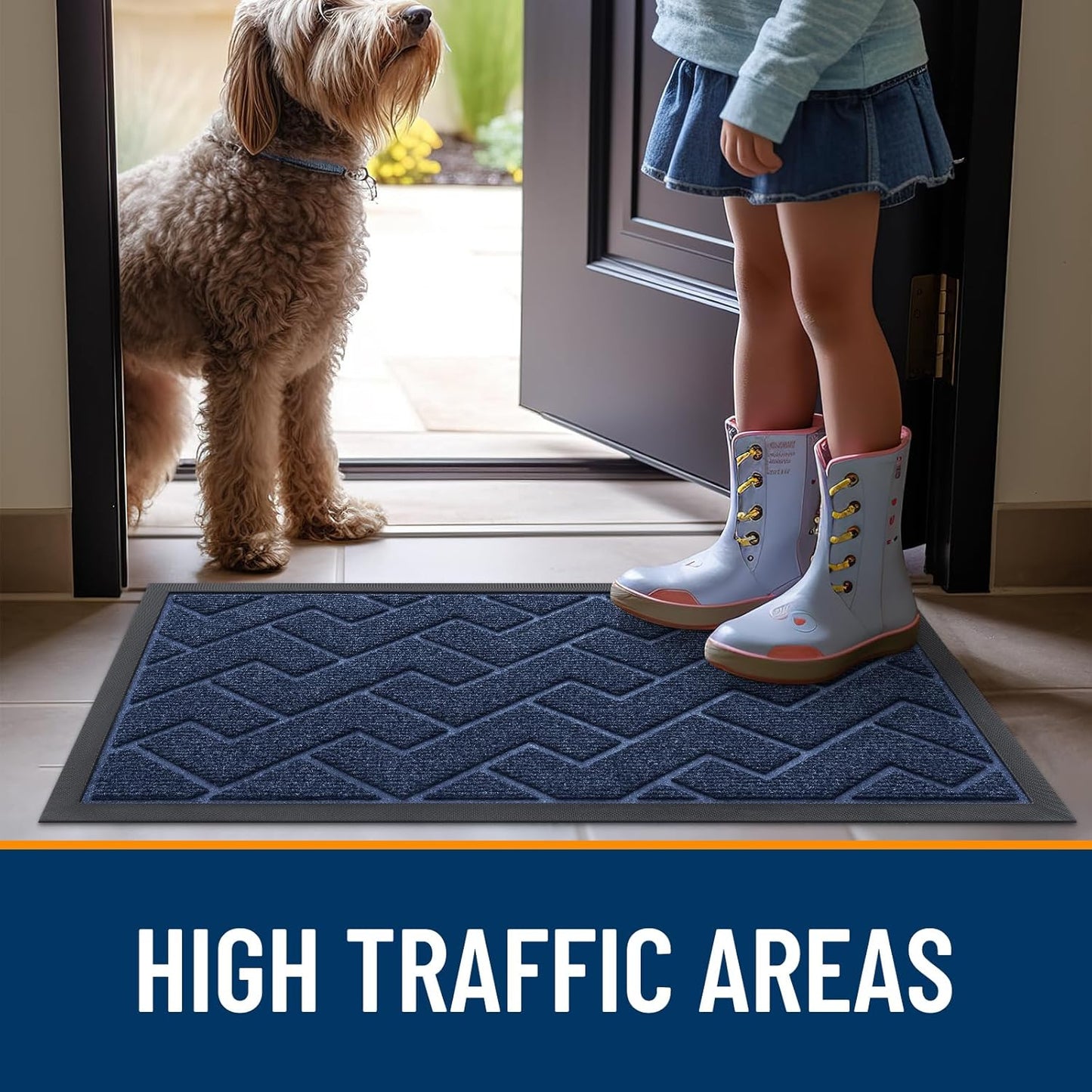 OLANLY Waterproof Front Door Mat - All-Season Indoor/Outdoor Herringbone Design | Easy Clean, 47x32 (Blue)
