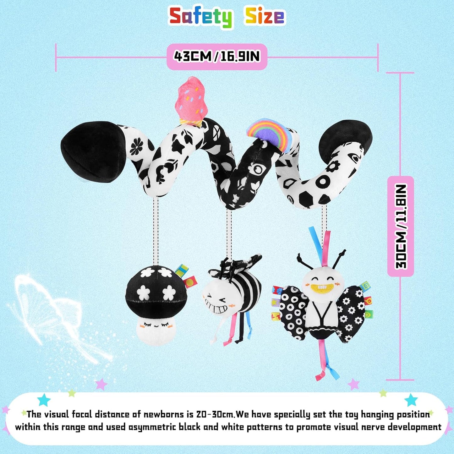 Skiennix Spiral Car Seat Toys - High Contrast Black & White Sensory Plush Toy for Babies 0-6 Months