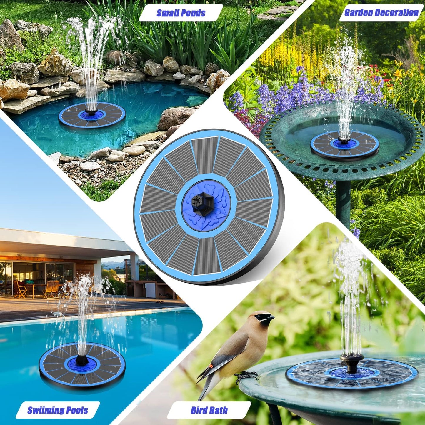 SZMP Solar Fountain - 3.5W Solar Powered Bird Bath Water Feature with 7 Nozzles & 4 Fixed Pipes for Gardens, Pools, Ponds, and Fish Tanks