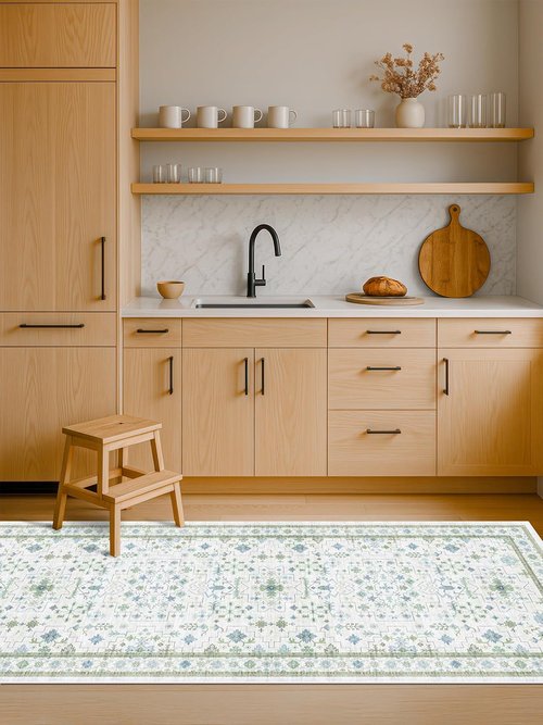 Hazo Haus Washable Oushak 2x6 Bathroom Runner Rug - Non-Slip, Stain-Resistant Floral Design in Cream & Green