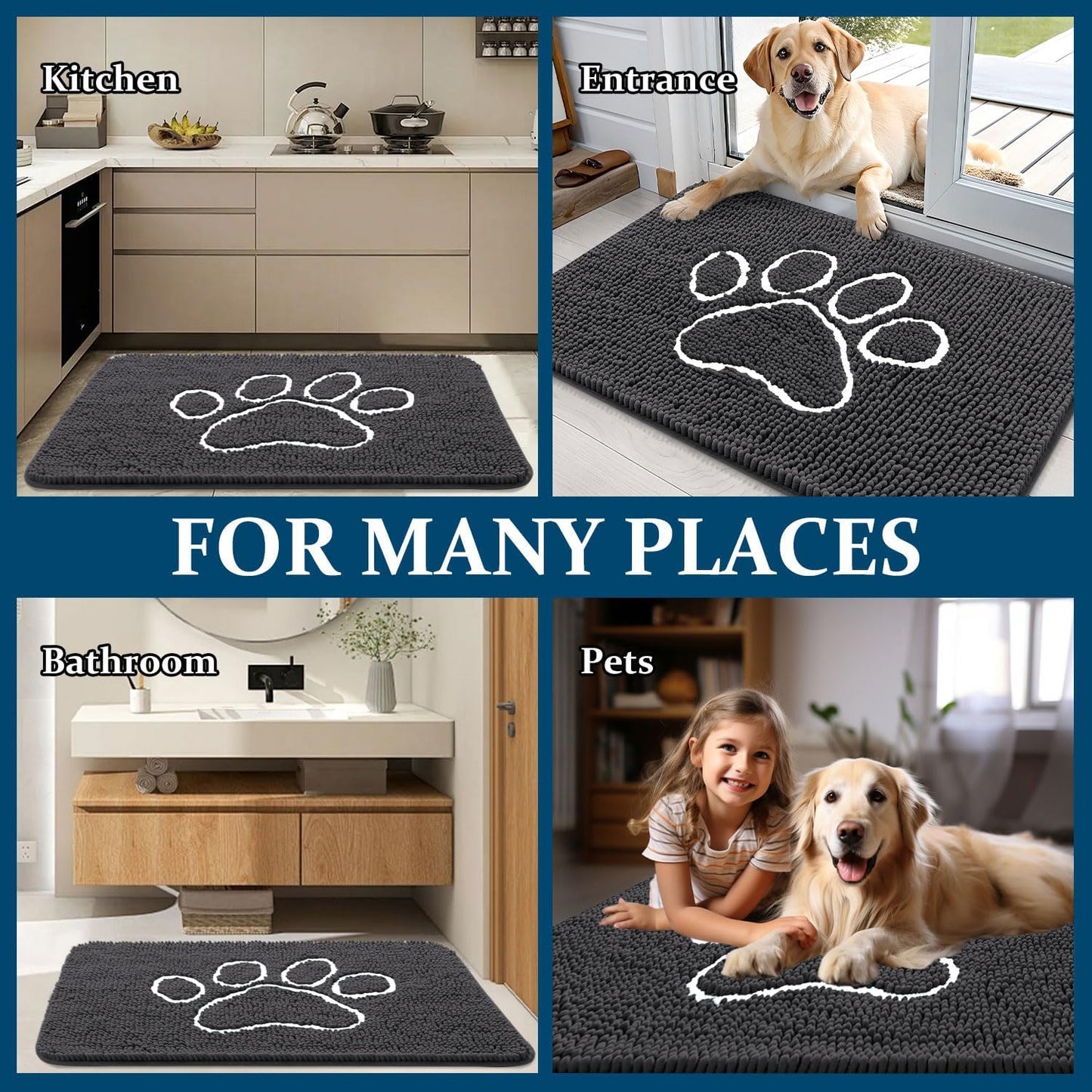 OLANLY Dog Door Mat - Absorbent Non-Slip Mud Mat for Paws | 59x24 Dark Grey Chenille Design
