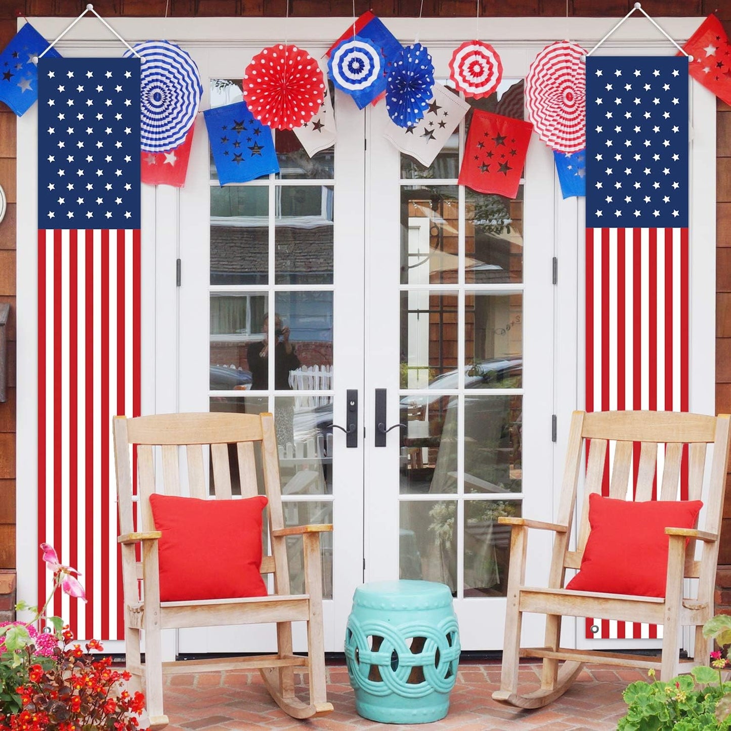 4th of July Decorations - Patriotic American Flag Banners & Stars and Stripes Porch Sign | Red, White & Blue (2 Pcs)