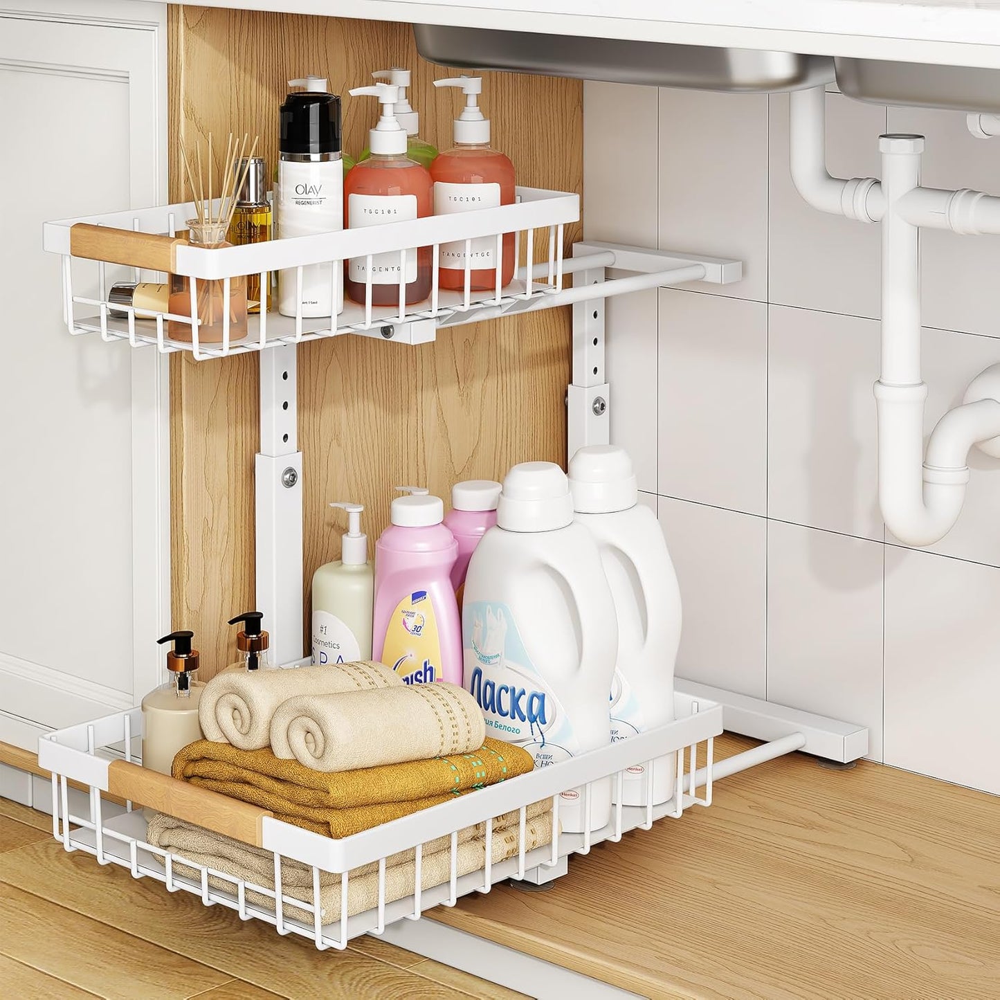 PXRACK Under Sink Organizer - Adjustable 2-Tier Pull-Out Storage for Kitchen & Bathroom | Large White 2-Pack