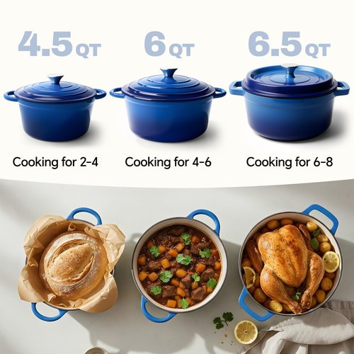 6 Quart Dutch Oven Pot with Lid, Non Stick Enameled Cast Iron Dutch Oven for Bread Baking, Heavy-Duty, Oven Safe Ceramic Cookware Up to 500°F for Baking, Braising, Stews, Roasting, Blue